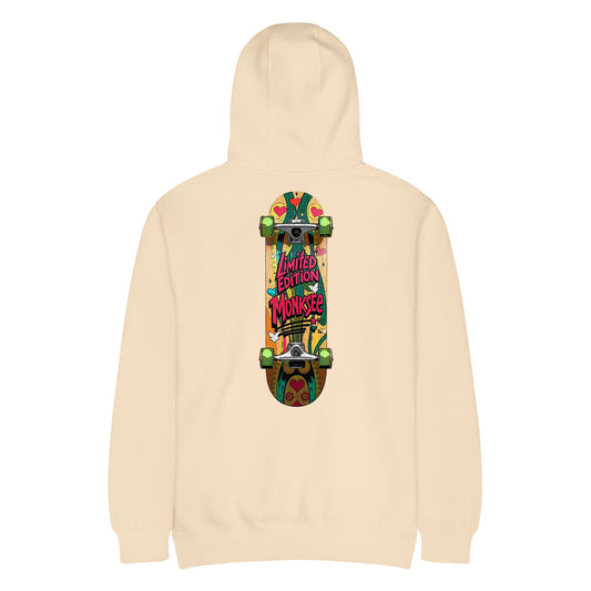 back of monksee fresh deck sandshell hoodie with skateboard graphic on a white background