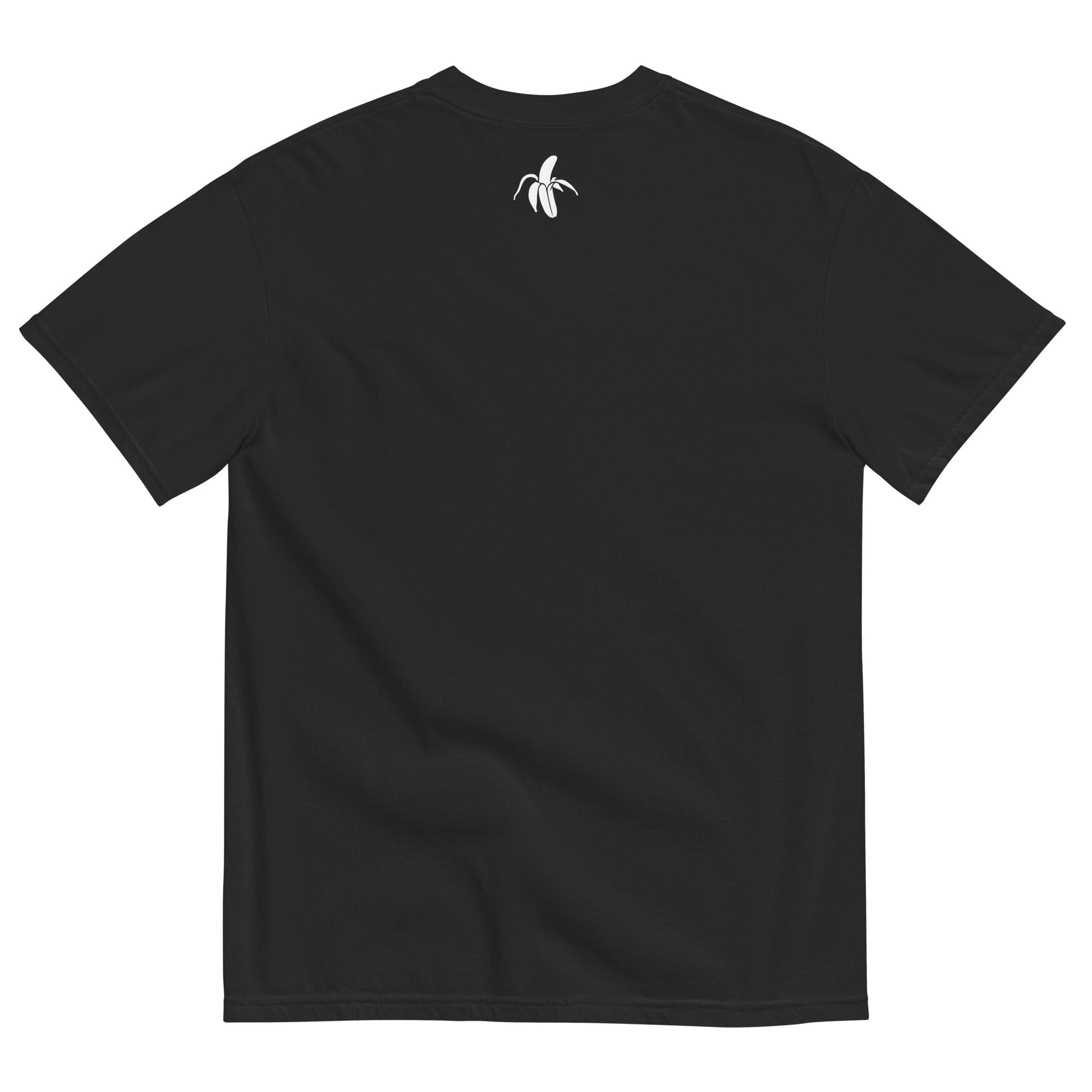 back of black monksee kick flip garment dyed tshirt with banana logo on neck. On white background