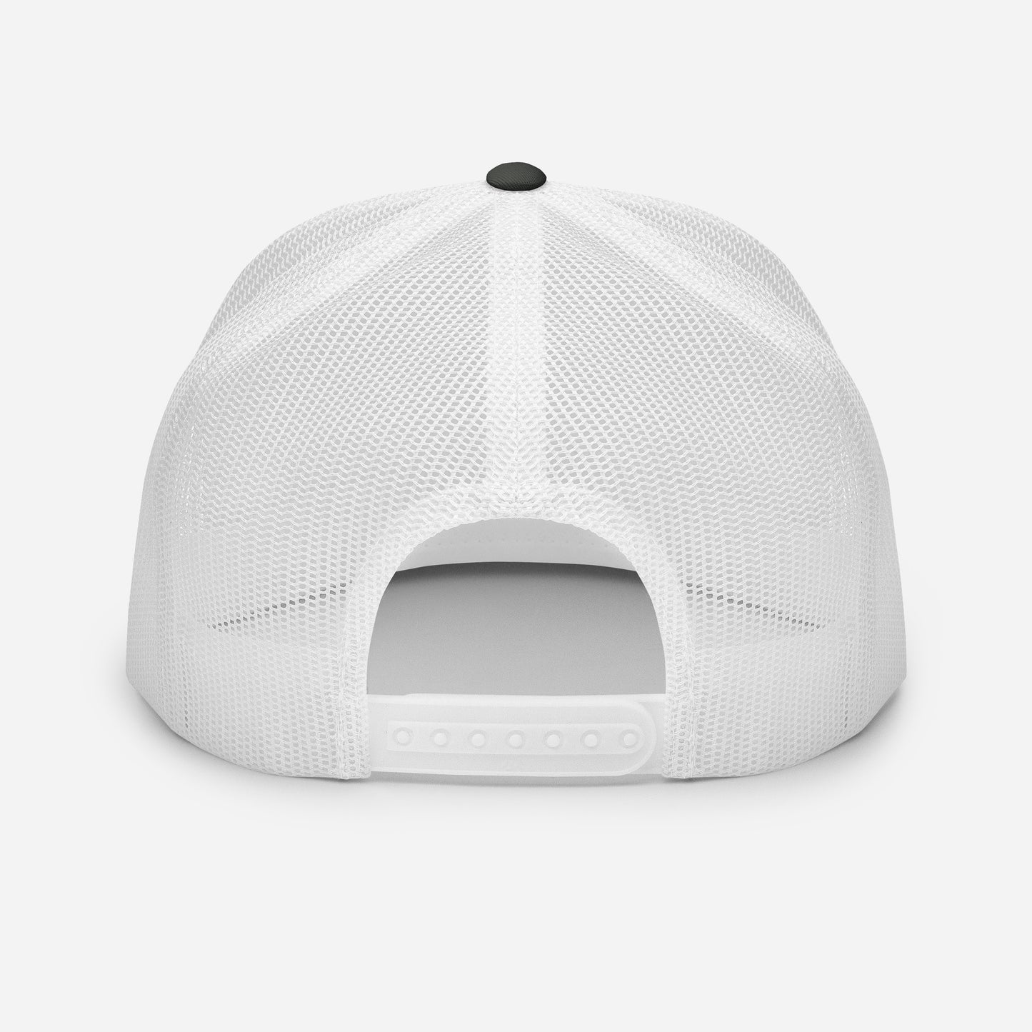 rear view of Monksee Drop the Vibe charcoal and white trucker cap on white background showing snapback