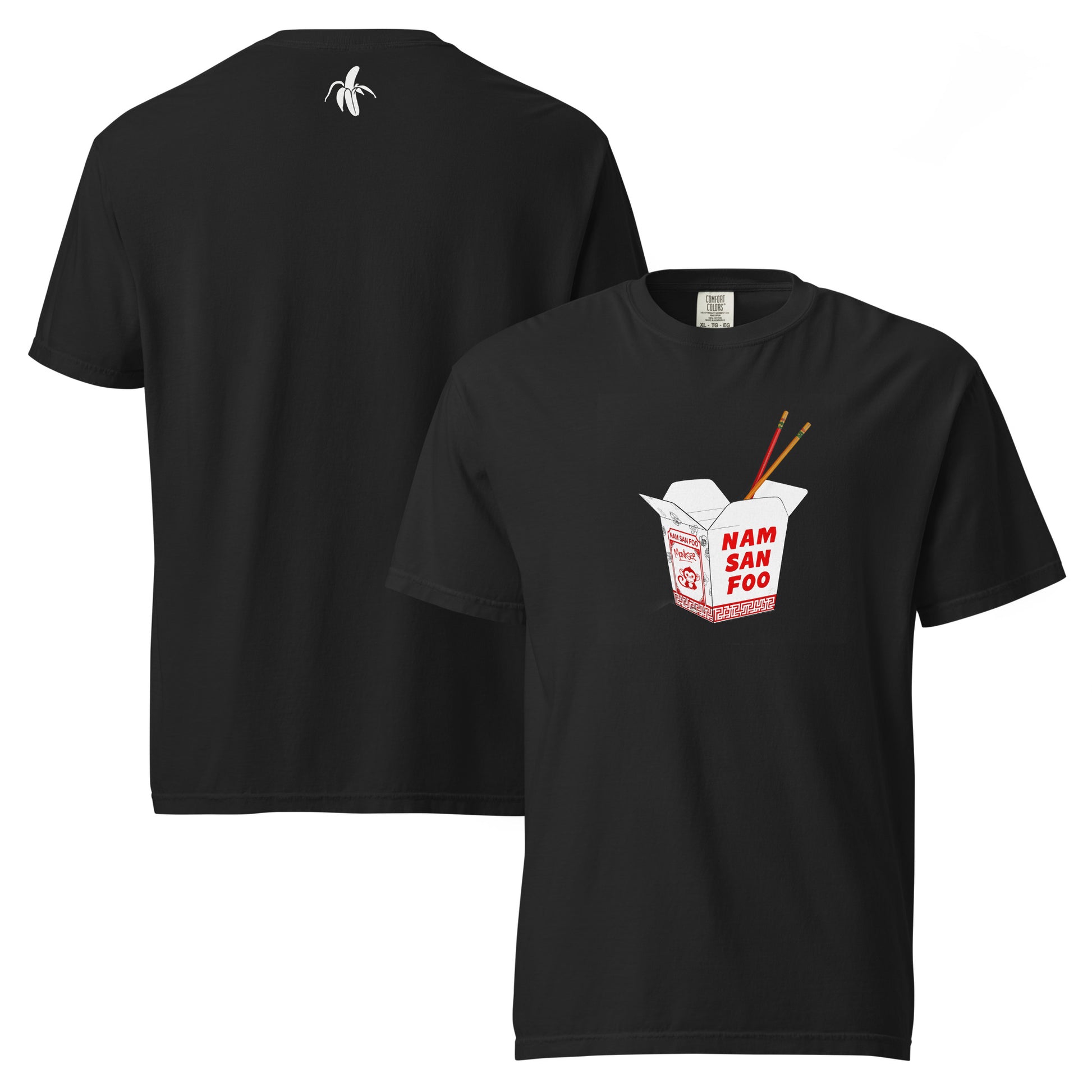 Monksee front and back of Black t-shirt with 'Nam San Foo' design on front and banana on back. On a white background