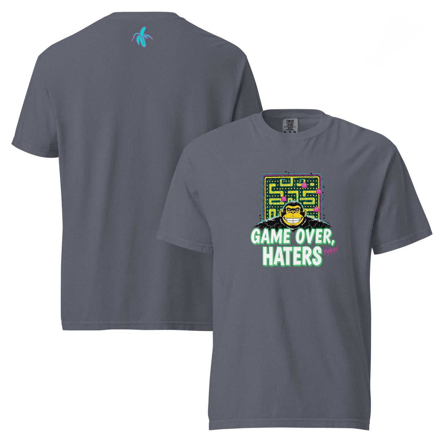Monksee denim garment-dyed T-shirt with Pac-Man-inspired monksee graphic and Game Over Haters text, showcasing a retro 80s design front and back