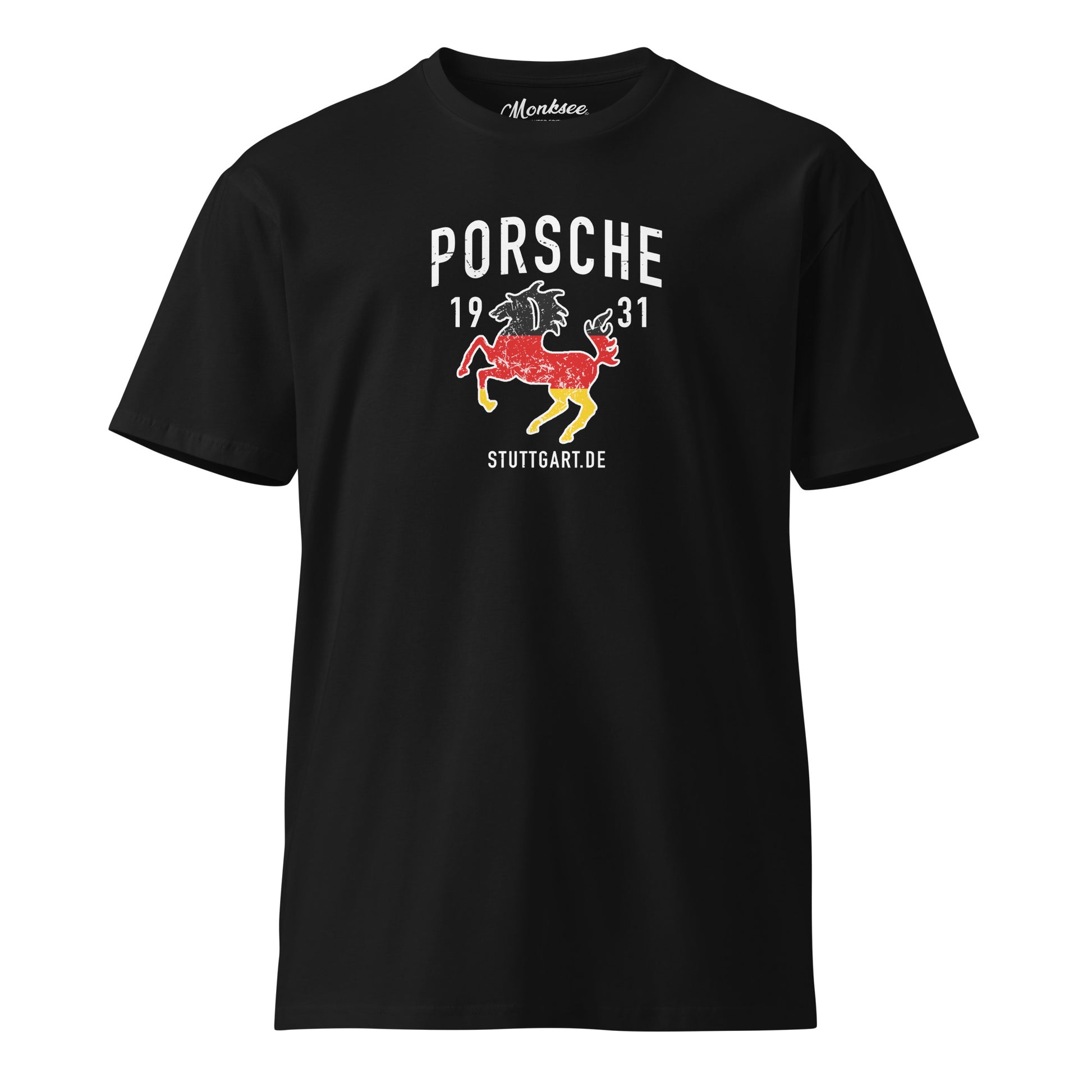 Front of black Monksee Porsche 1935 black premium t-shirt with porsche design featuring the porsche from the original porsche logo and 1935 in white with Stuttgart also in white
