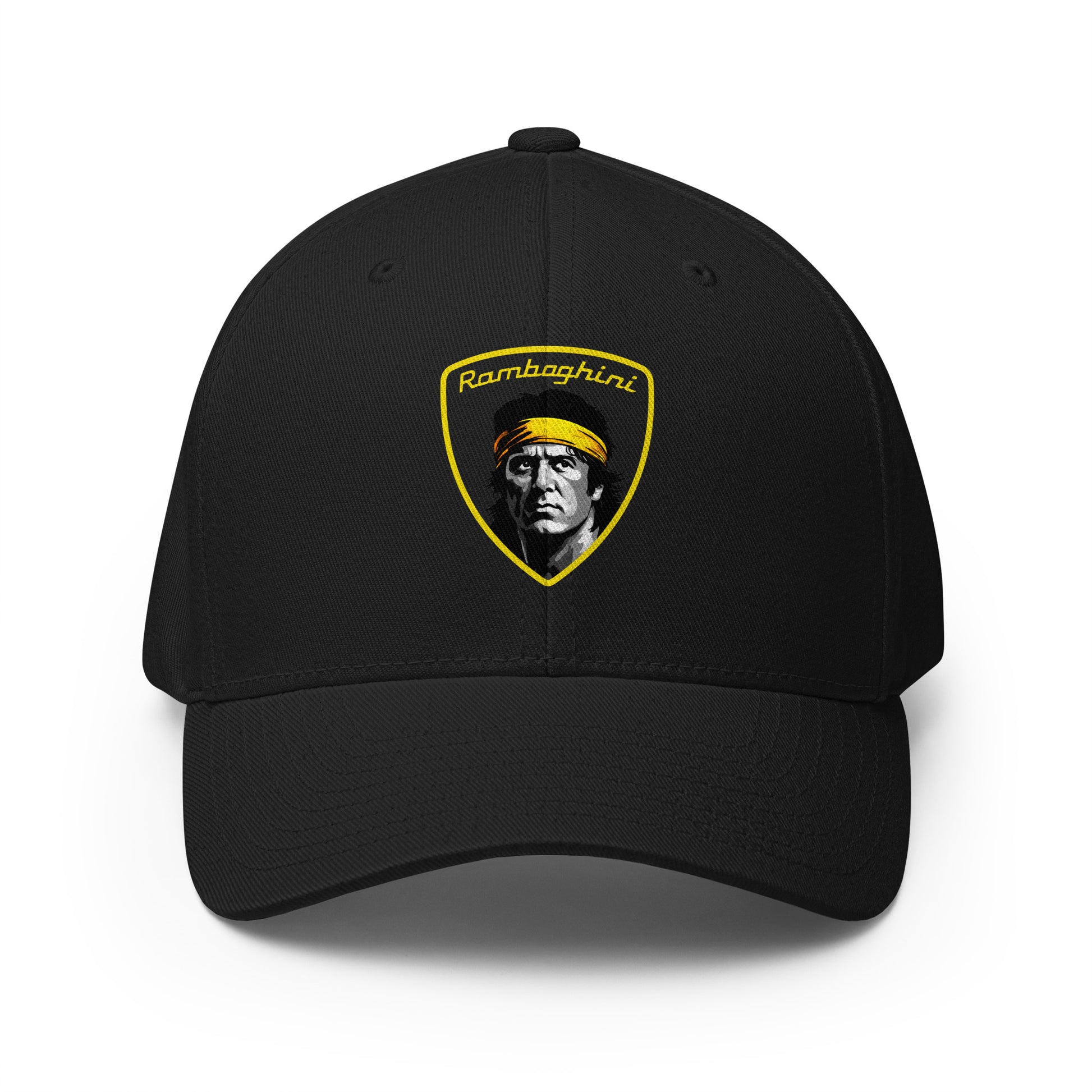 front view of Monksee ramboghini flex fit closed back cap on white background