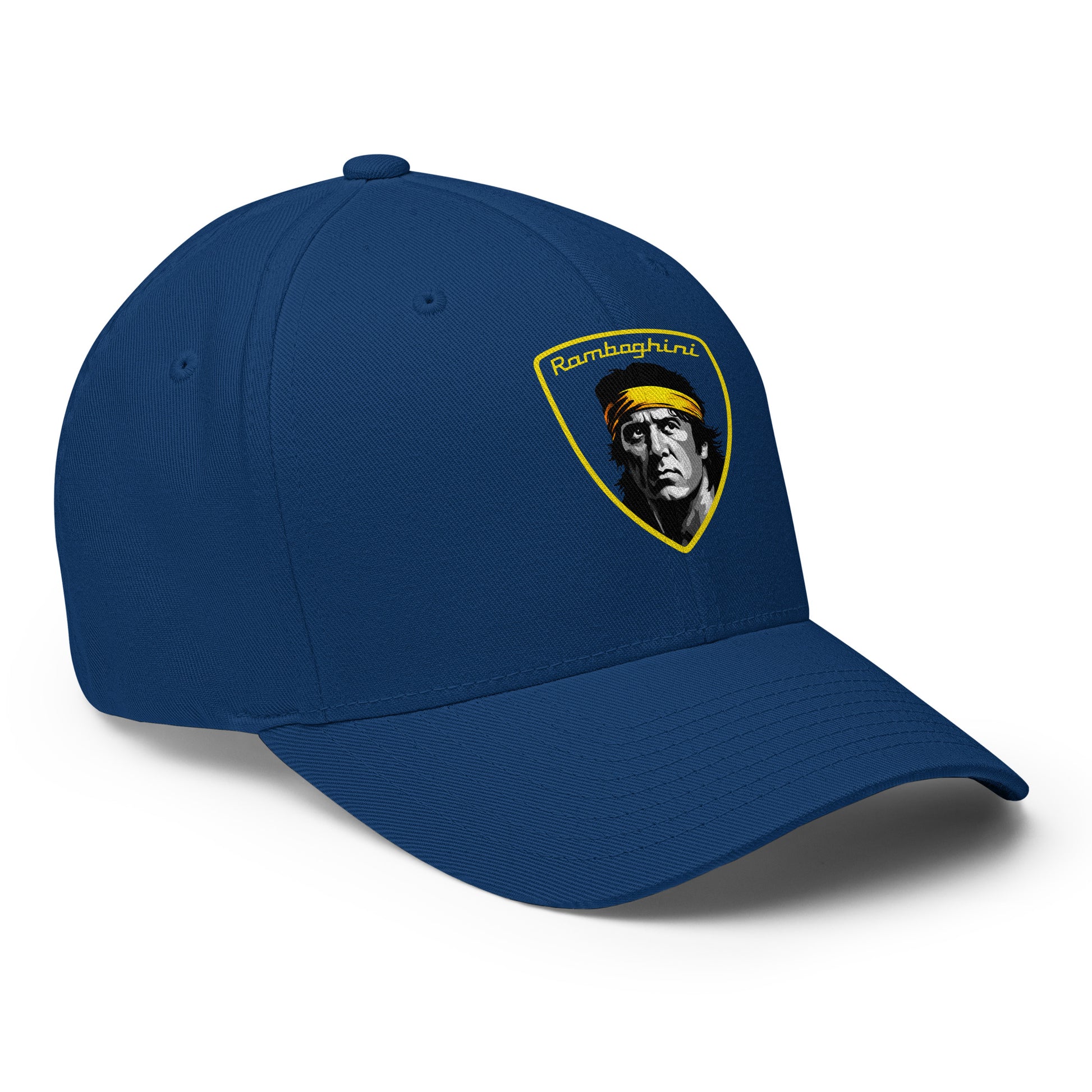 Front right side view of blue Monksee Ramboghini flex fit closed back cap on white background