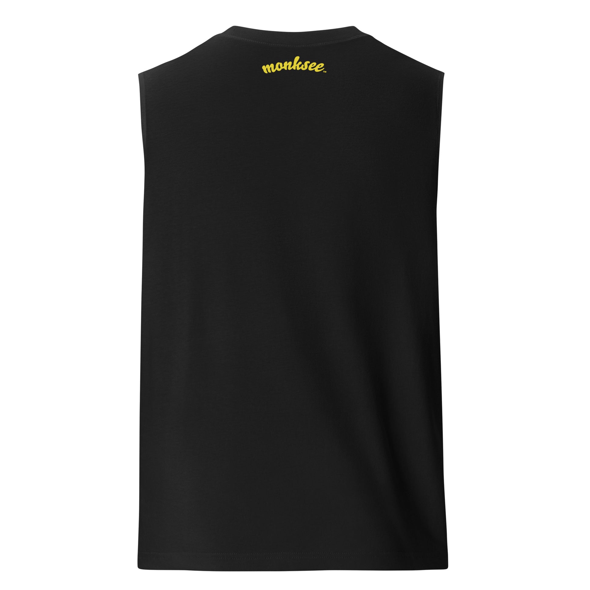 The back of a black monksee ramboghini muscle shirt featuring limited edition design on a white background. Monksee logo on outside label