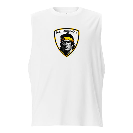 ghost image of a white monksee ramboghini muscle shirt featuring limited edition design on a white background