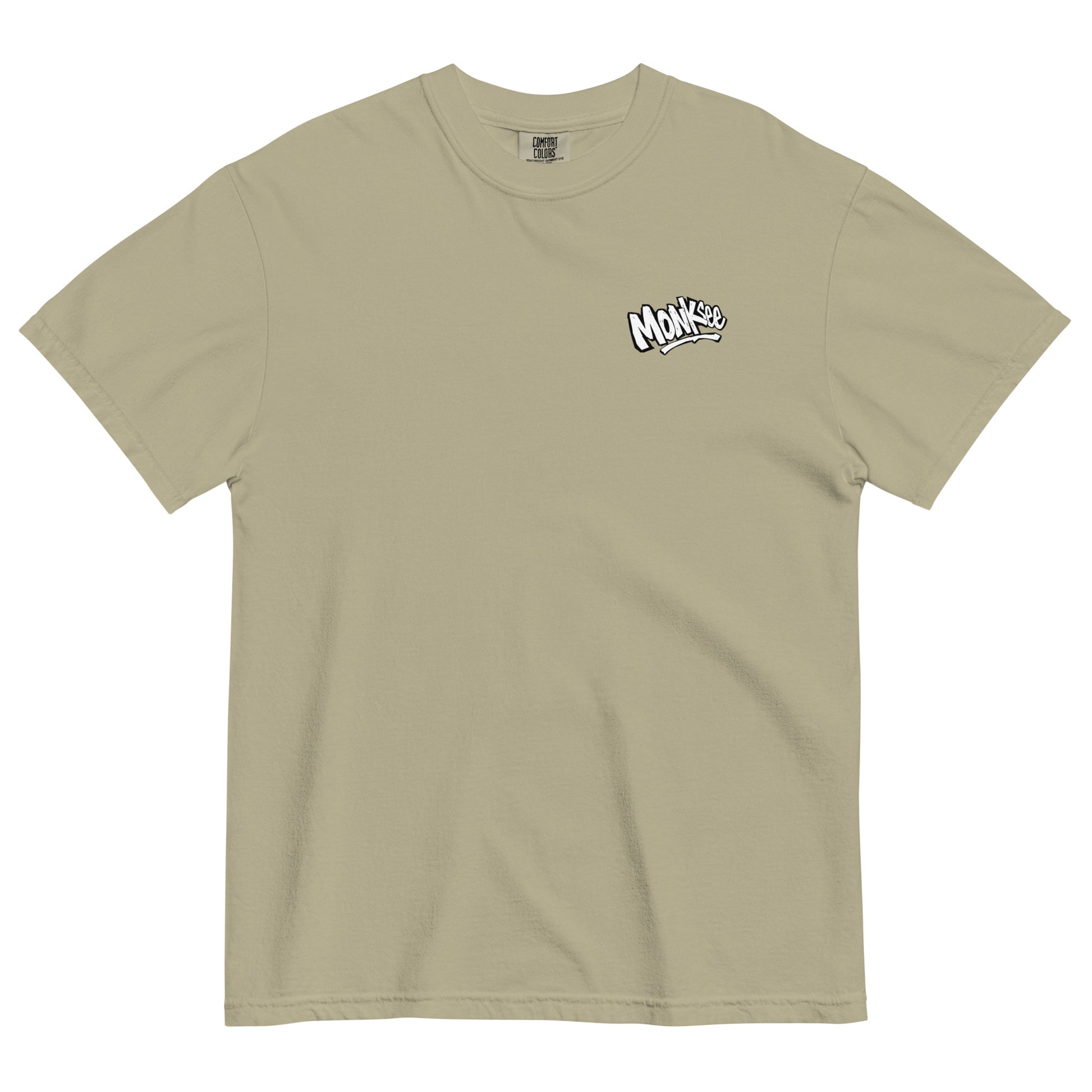 front of Monksee Deck skateboard garment dyed khaki t-shirt on white background