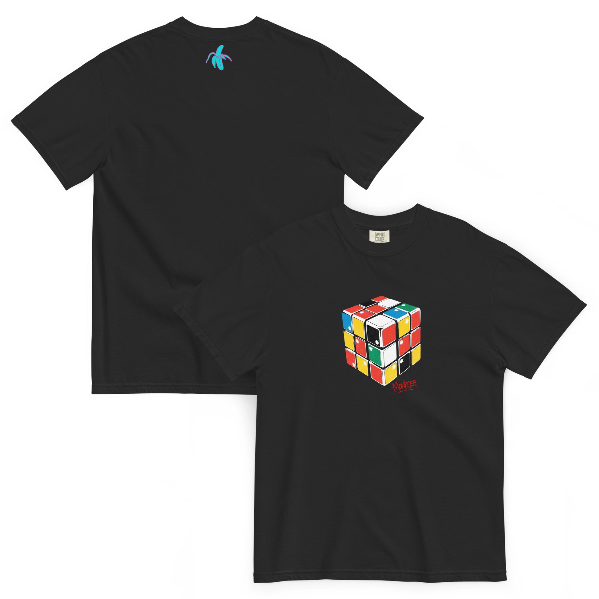 Back and front view of a black Monksee "Rad Rubiks" t-shirt displayed flat against a white background. A small pink Monksee banana logo is on the back neck