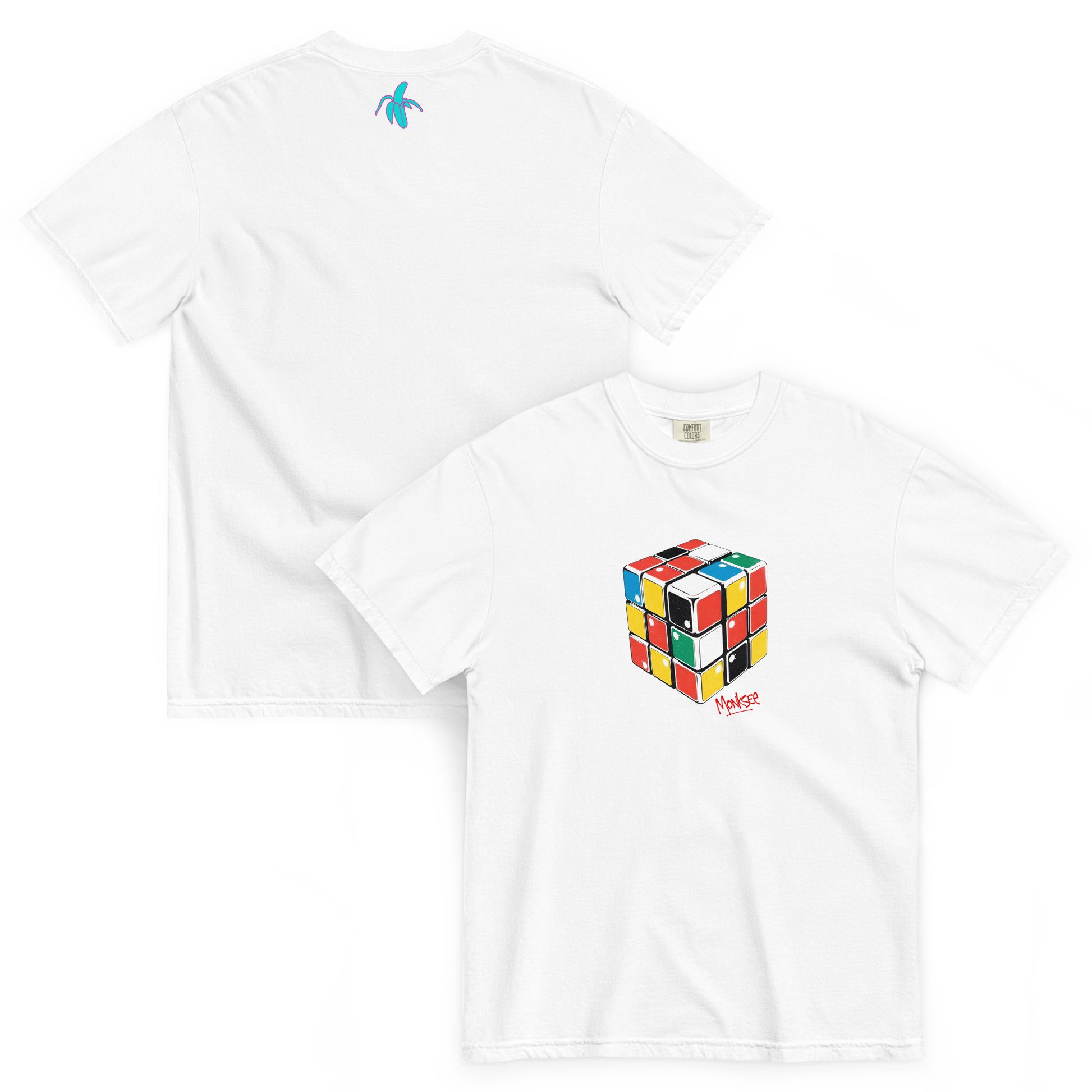 Back and front view of a white Monksee "Rad Rubiks" t-shirt displayed flat against a white background. A small pink Monksee logo is on the back neck, with the word "monksee" in pink printed below it