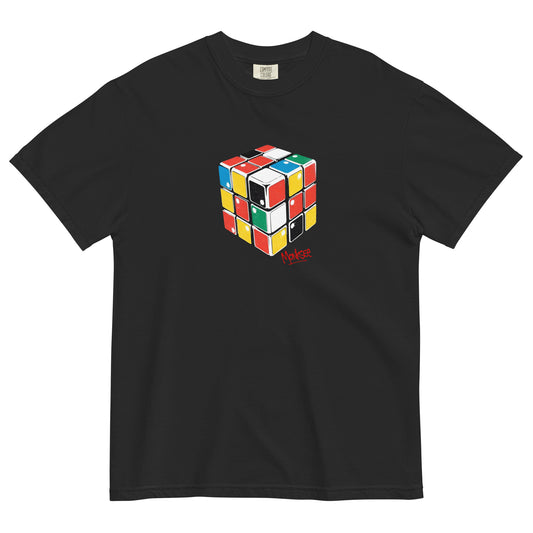 front view of a black Monksee "Rad Rubiks" t-shirt displayed flat against a white background. A small pink Monksee logo is on the back neck, with the word "monksee" in pink printed below it