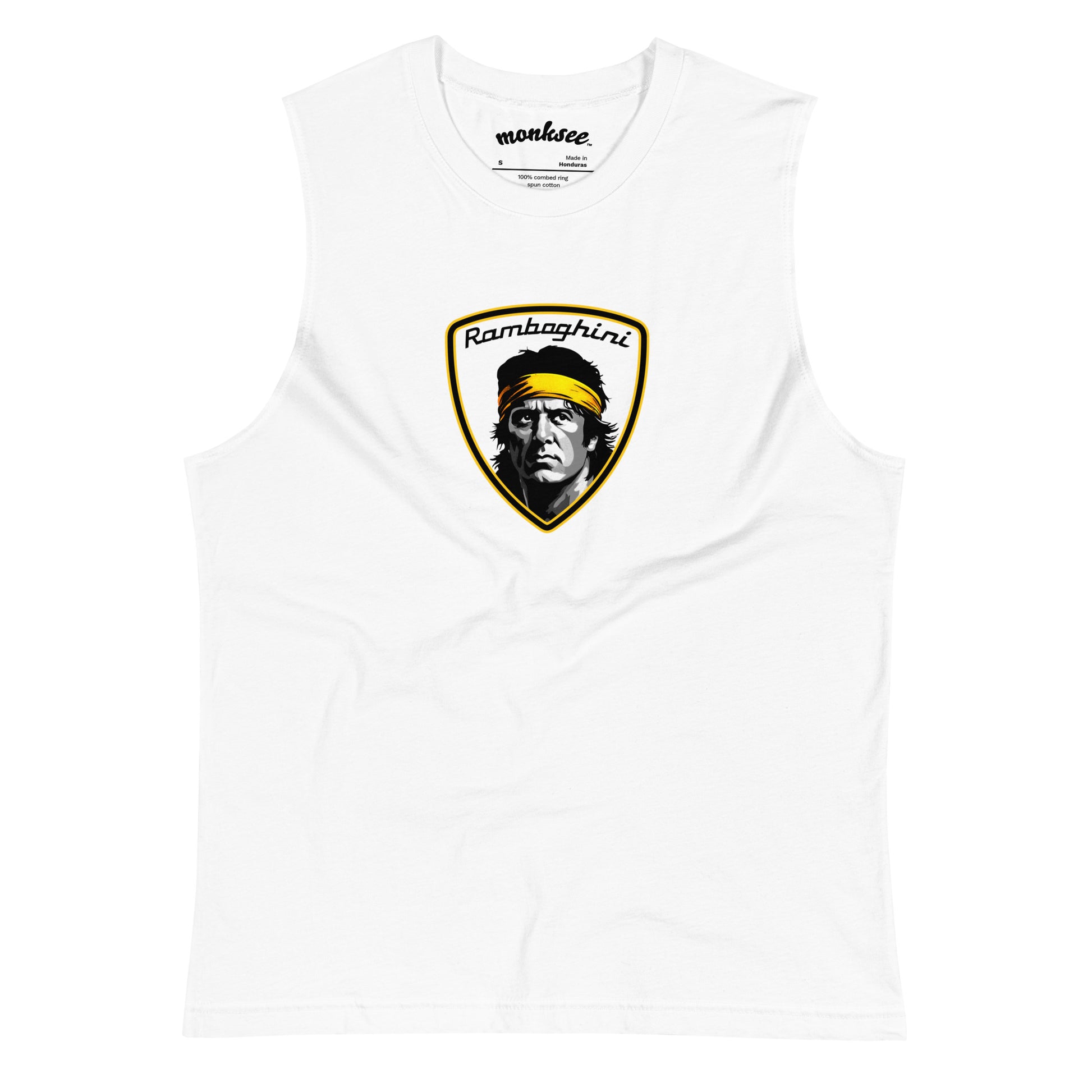 a white monksee ramboghini tank top flat on a white background