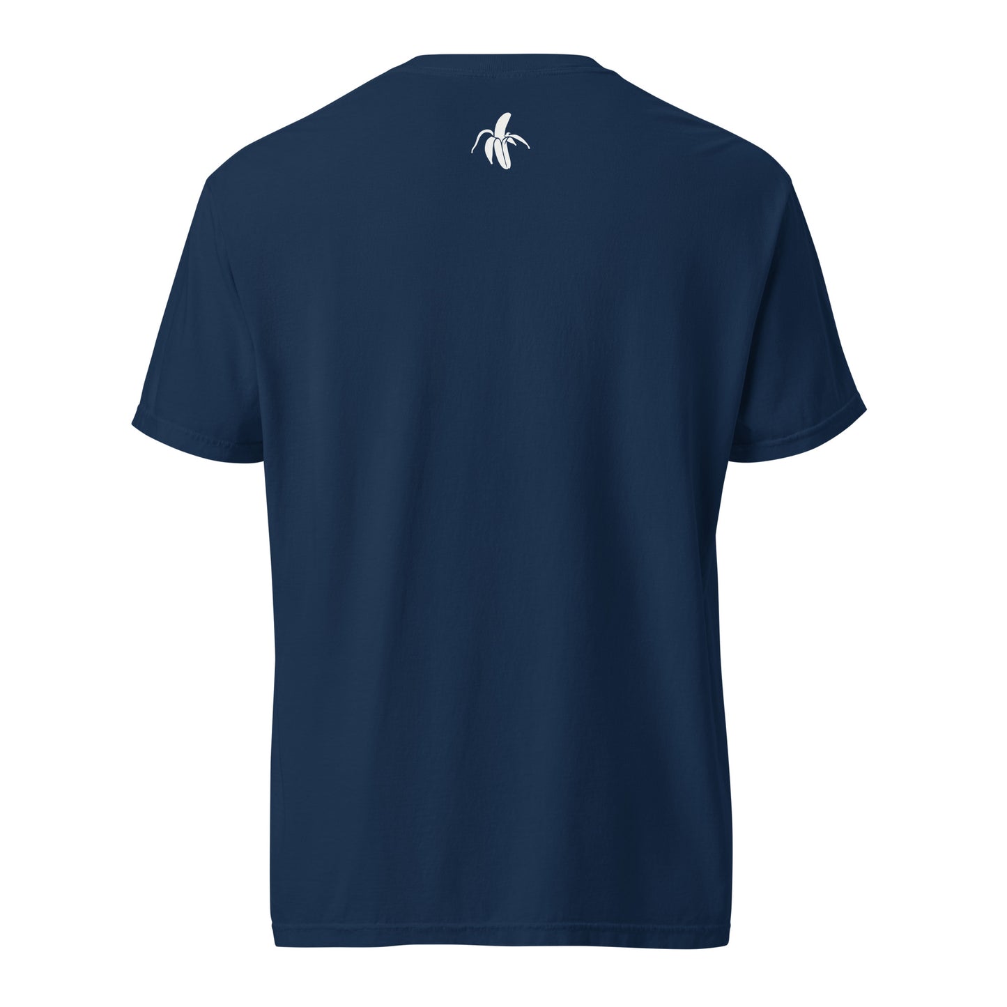 the back of the Monksee Tokyo navy garment dyed t-shirt with white monksee banana on the top of the back. On a white background