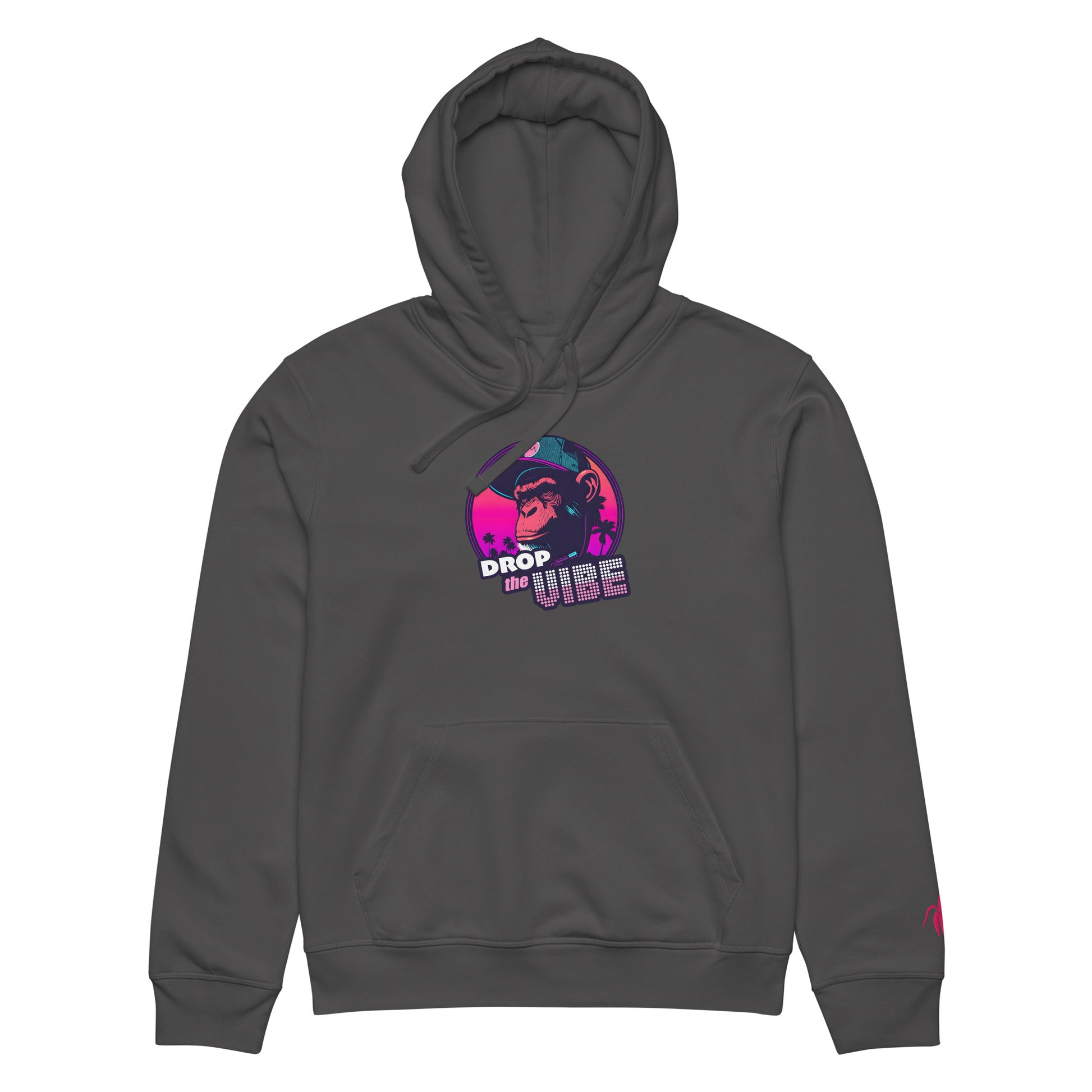A anthracite Monksee "Drop the Vibe" hoodie up displayed flat against a white background. It features a neon graphic of a cap-wearing monkey against a sunset with palm trees, with "DROP the VIBE" in bold pink and white text. A small pink embroidered Monksee banana logo is on the left sleeve