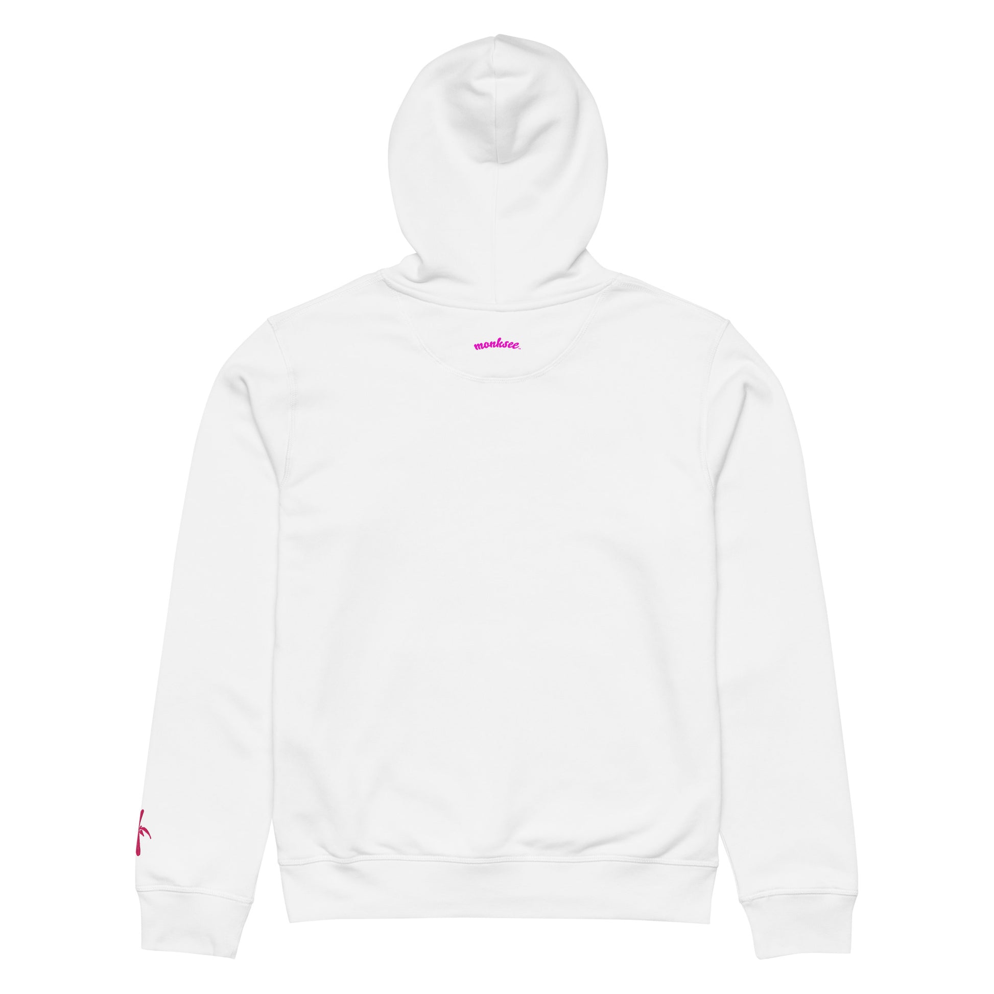 Back view of a white Monksee "Drop the Vibe" hoodie displayed flat against a white background. The word "monksee" in pink is printed on the back neck.