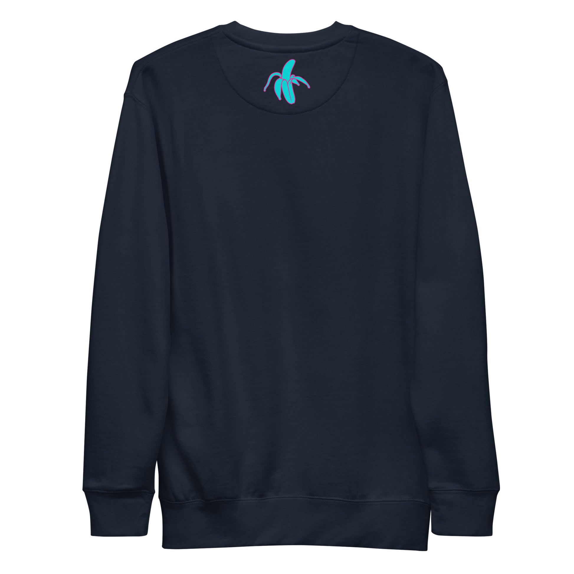 back of a navy monksee kickin it sweater with monksee banana on the back. Laid flat on a white background
