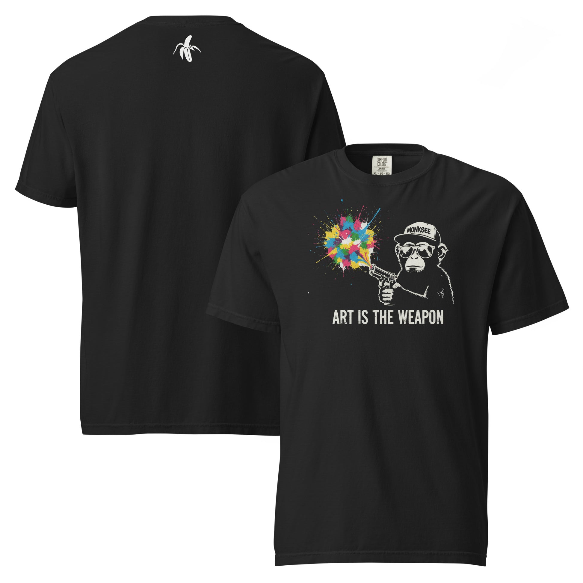 Monksee front and back of a Black t-shirt with graphic design and text 'Art is the Weapon' on a white background