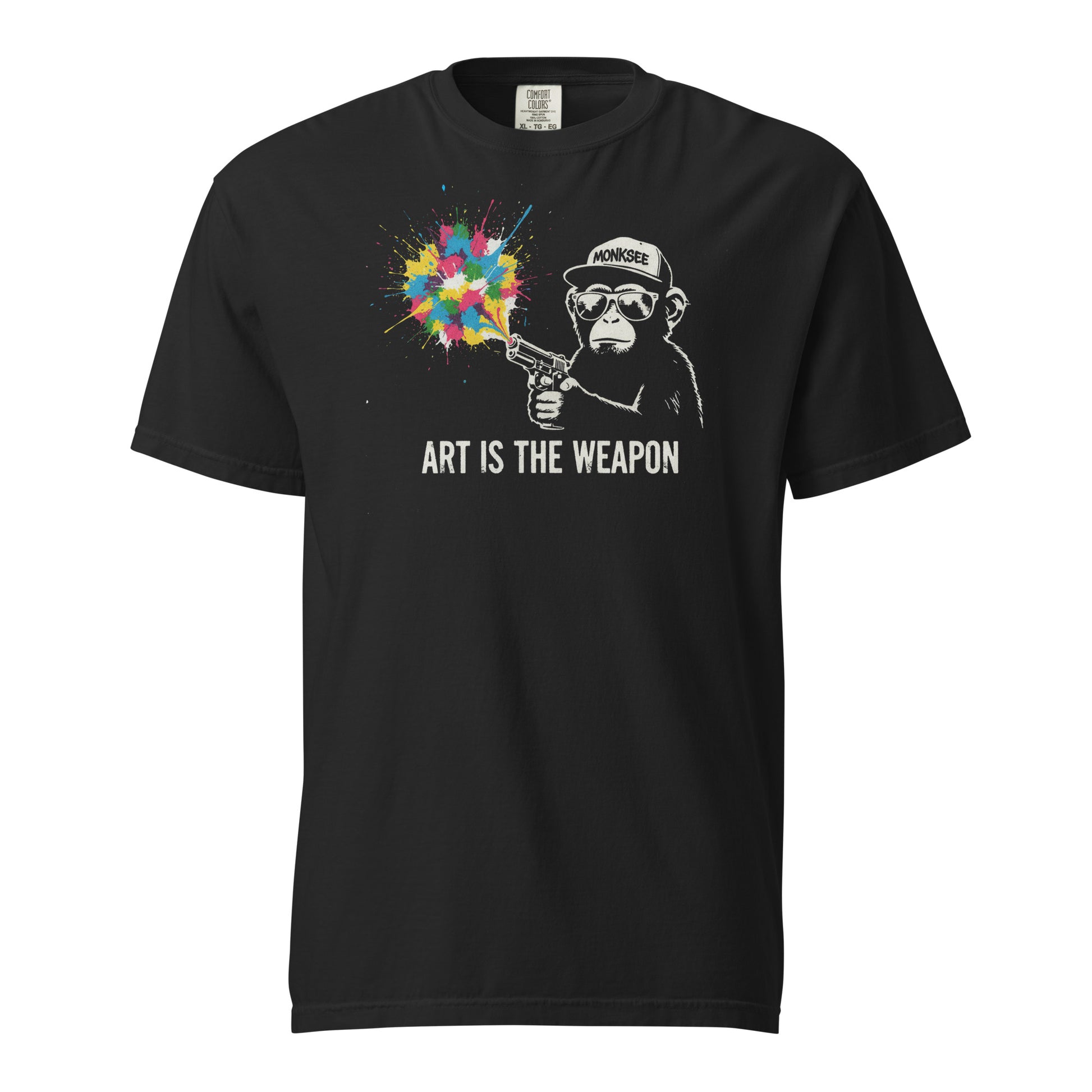 Monksee Black t-shirt ghost style with graphic of a monkey holding a colorful spray can and 'Art is the Weapon' text on a white background.