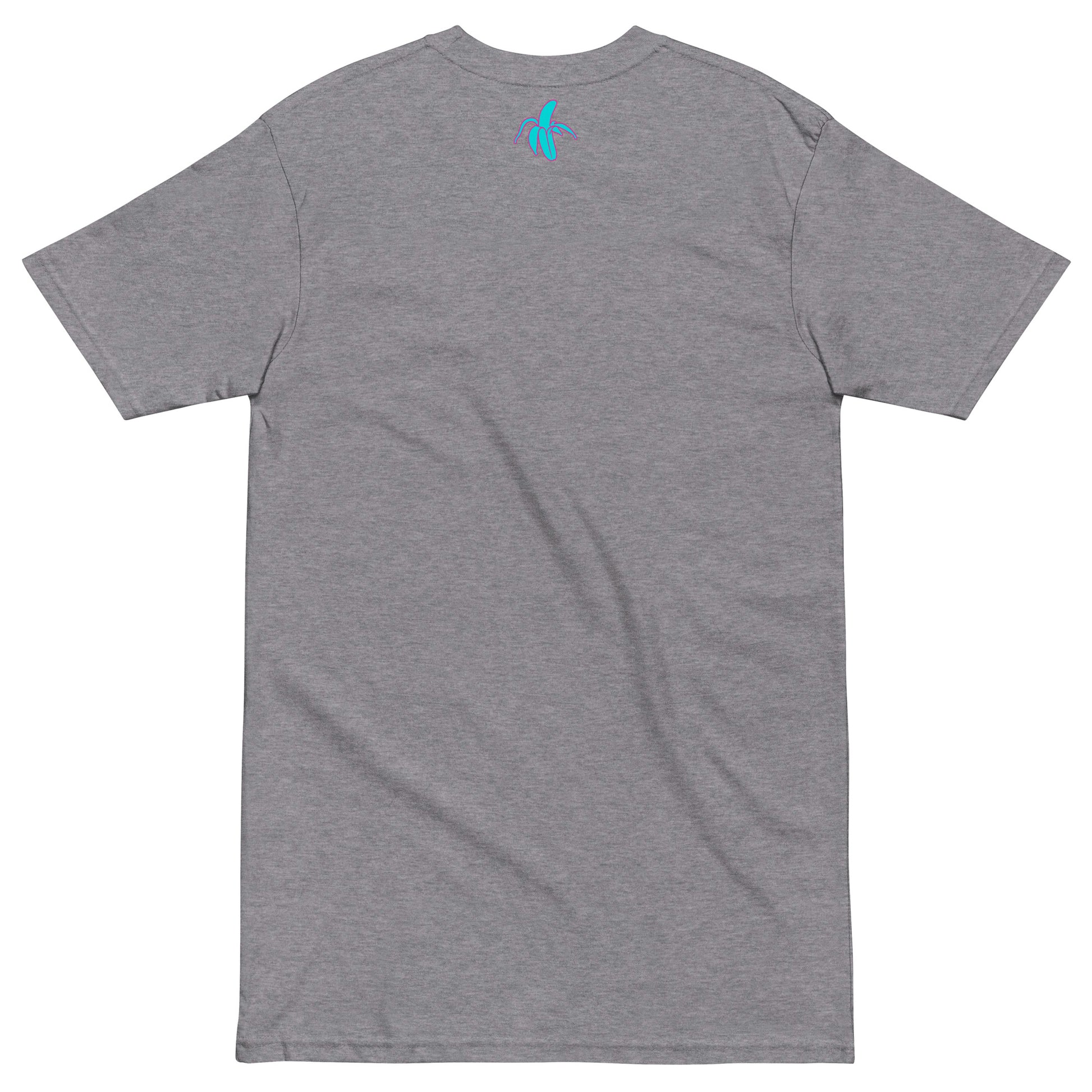 the back of a athletic grey Monksee "Drop the Vibe" t-shirt displayed flat against a white background. The Monksee banana is on the back neck teal with a pink border.