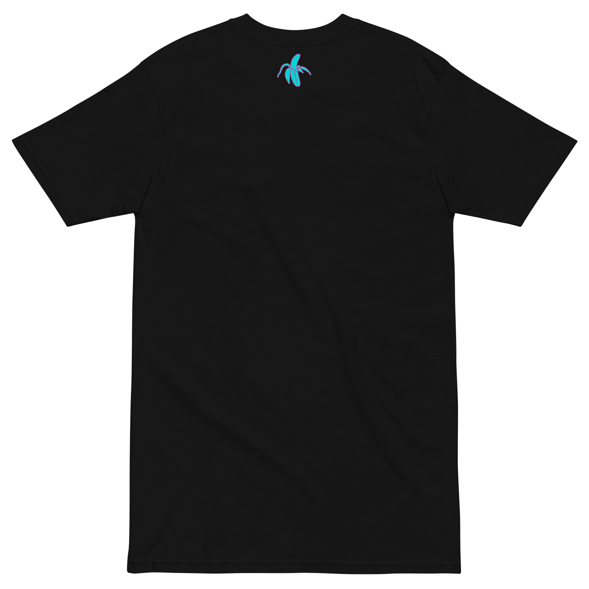 the back of a black Monksee "Drop the Vibe" t-shirt displayed flat against a white background. The Monksee banana is on the back neck teal with a pink border.