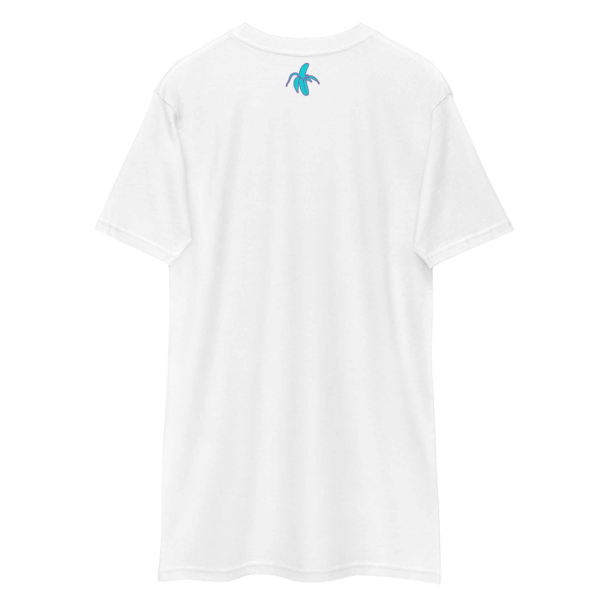 the back of a white wrinkled Monksee "Drop the Vibe" t-shirt displayed against a white background. The Monksee banana is on the back neck teal with a pink border.