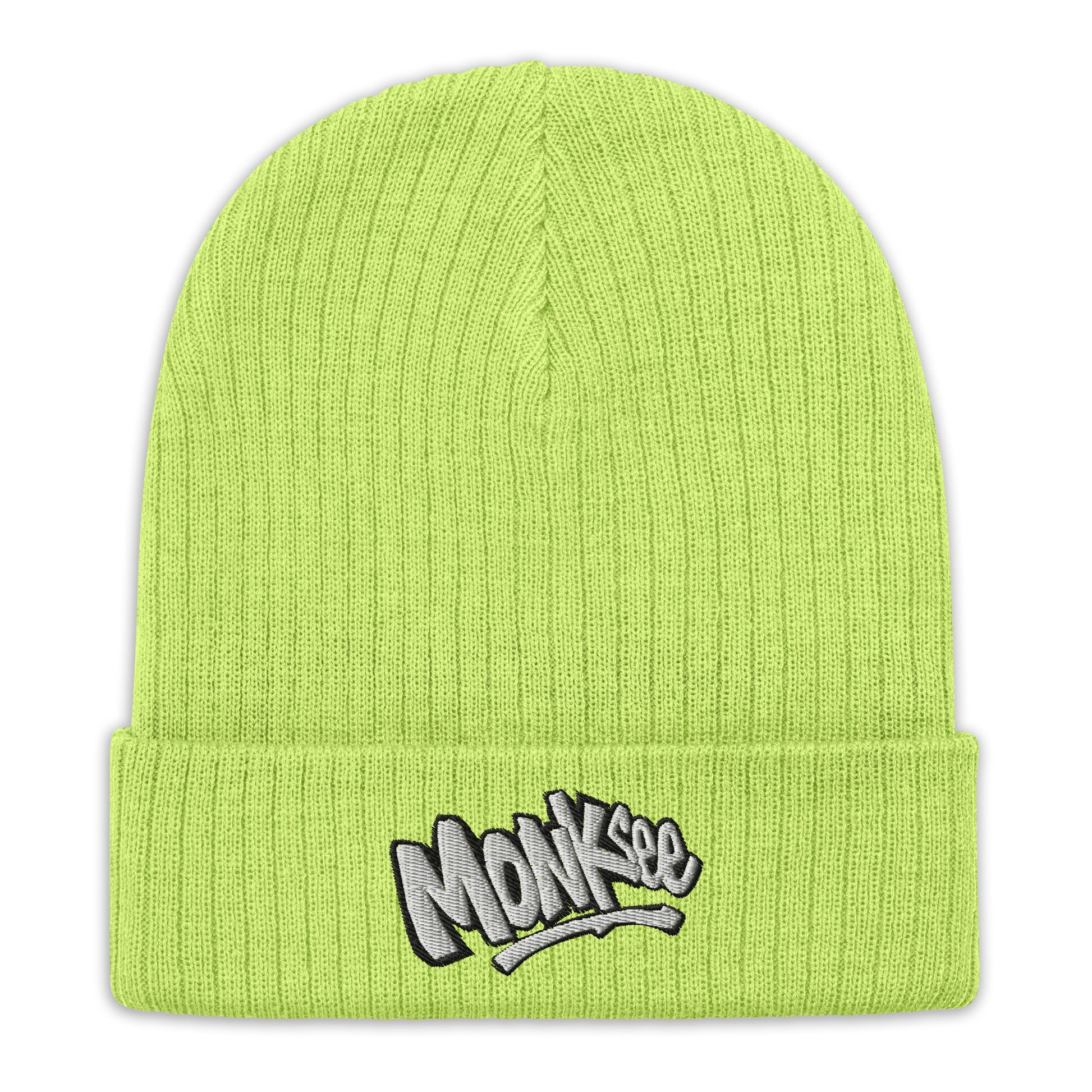 monksee kick flip acid green recycled knitted beanie laying flat on white background