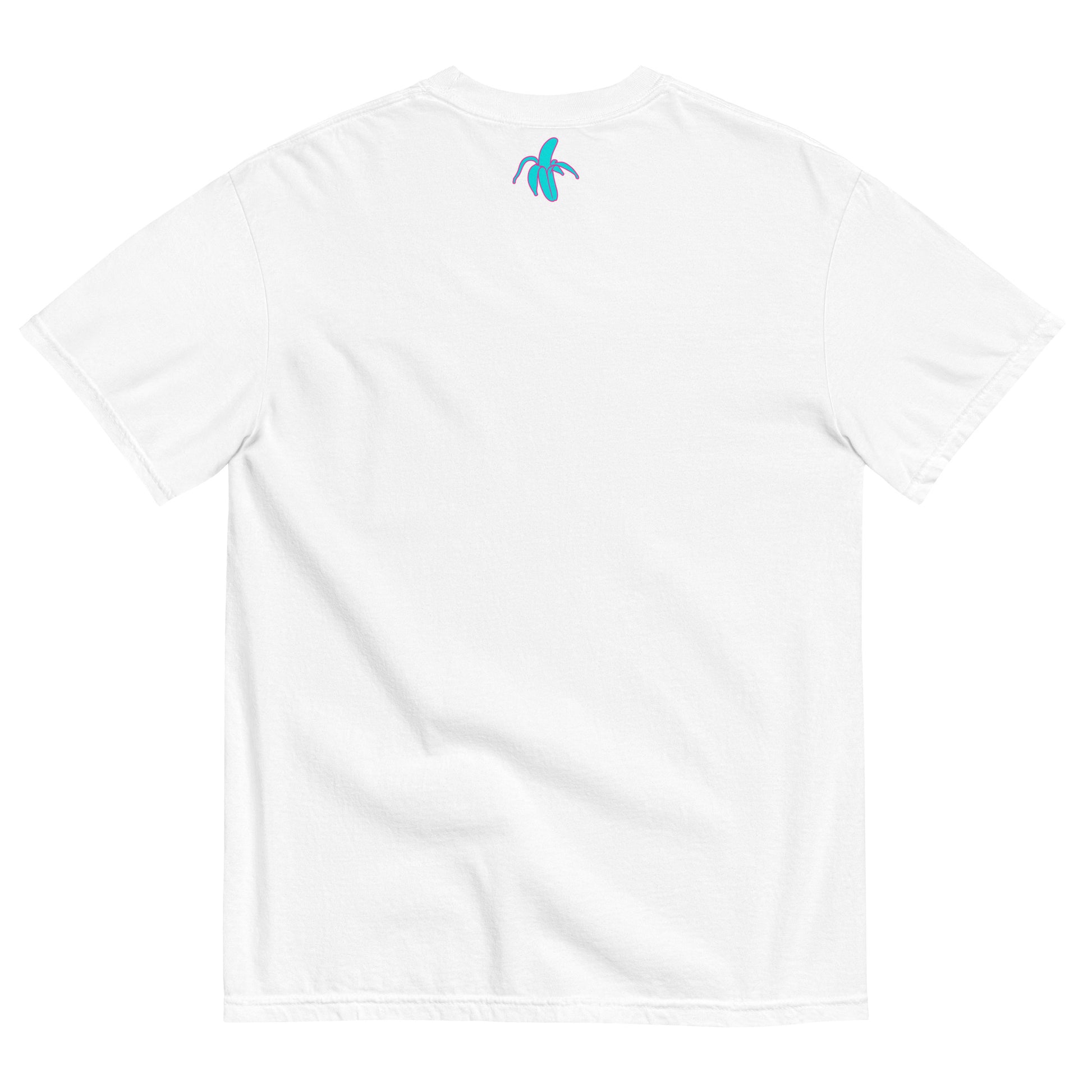 monksee kickin it white tee laying flat on a white background. Features the monksee banana logo on the back label in teal and pink