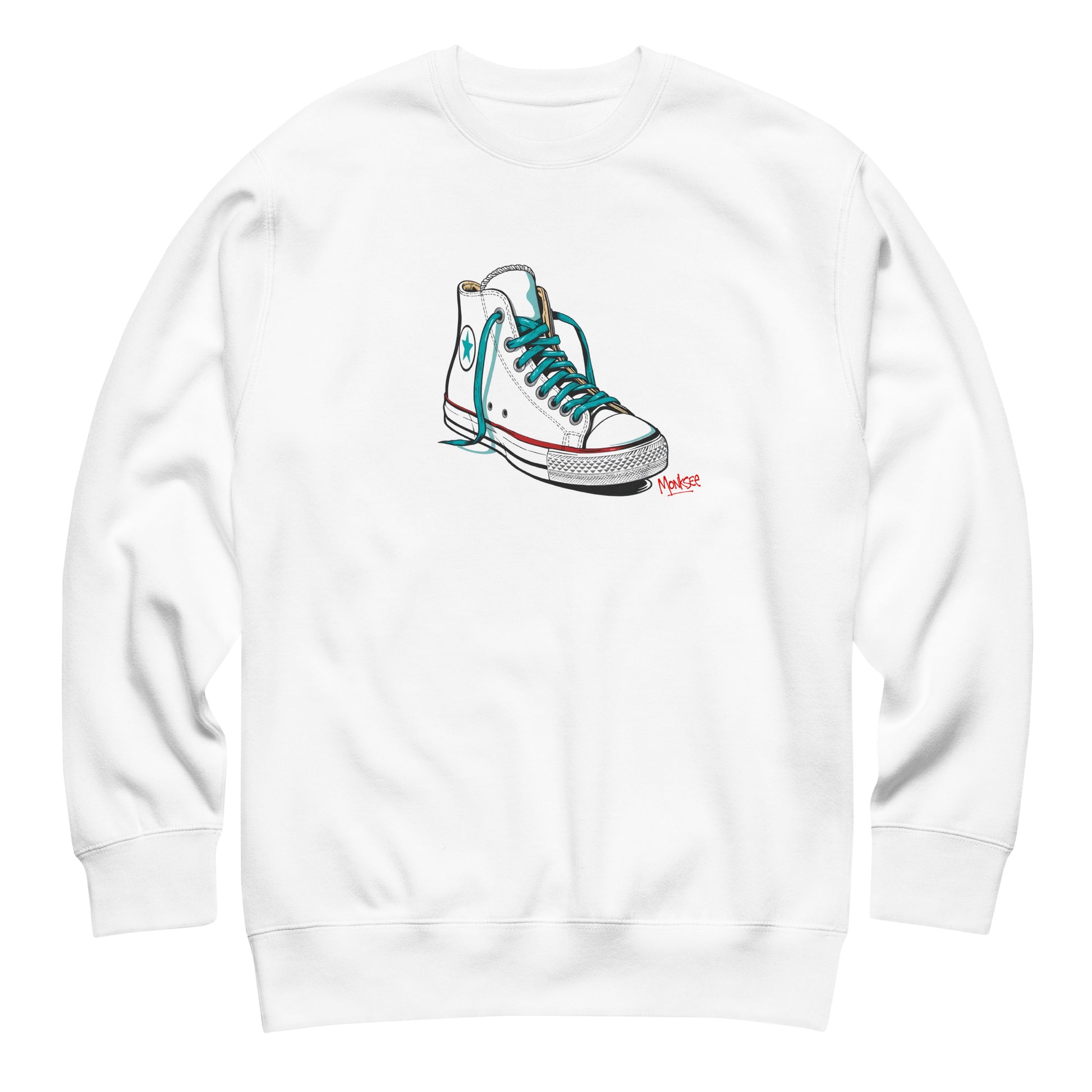 A white Monksee "Kickin It!" sweatshirt front displayed against a white background. The front features a white sneaker graphic with blue laces.