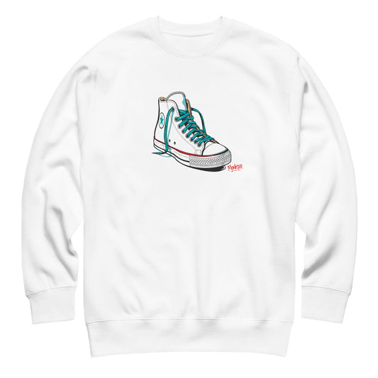 A white Monksee "Kickin It!" sweatshirt front displayed against a white background. The front features a white sneaker graphic with blue laces.