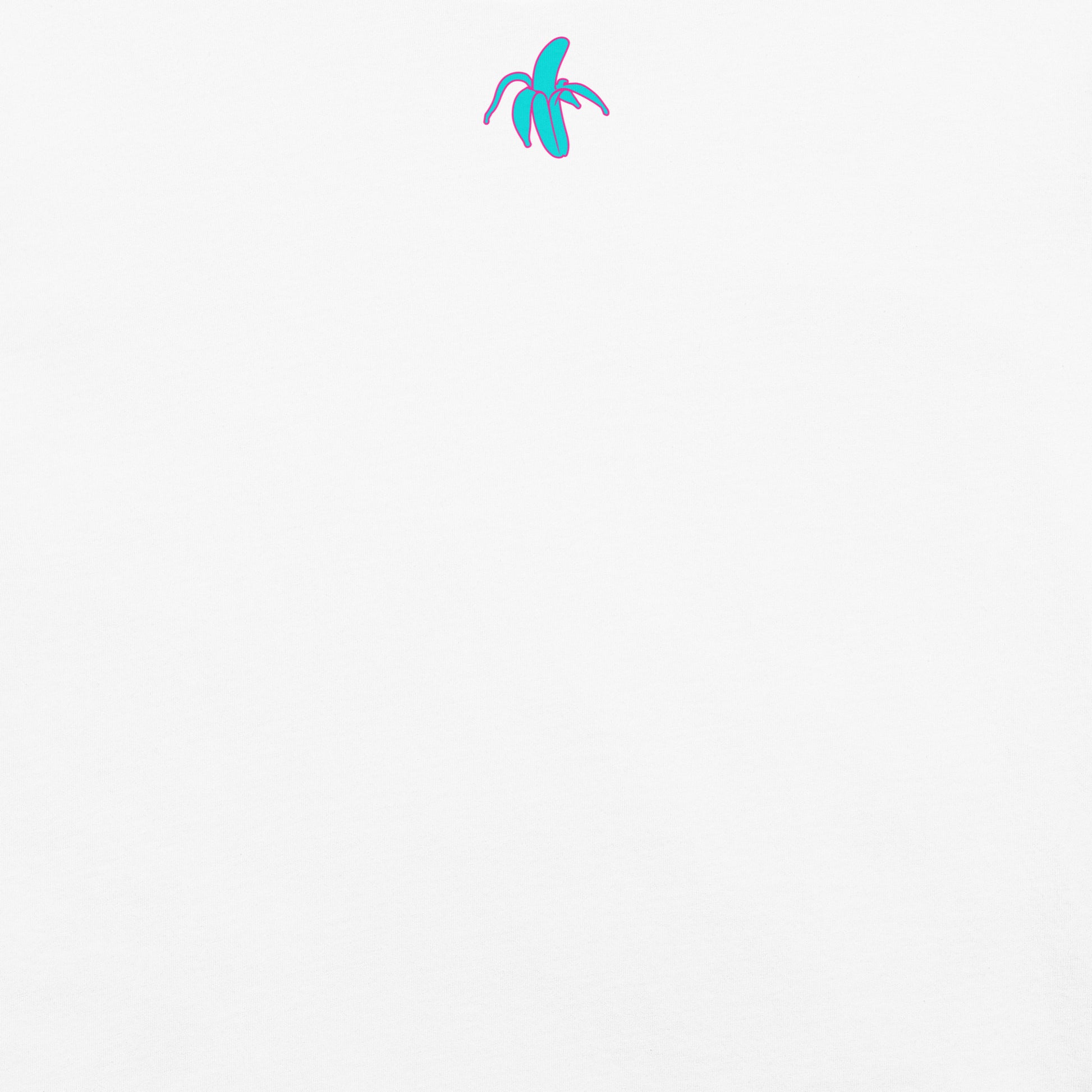 close up of back of tshirt label. Monksee banana in teal with pink outline
