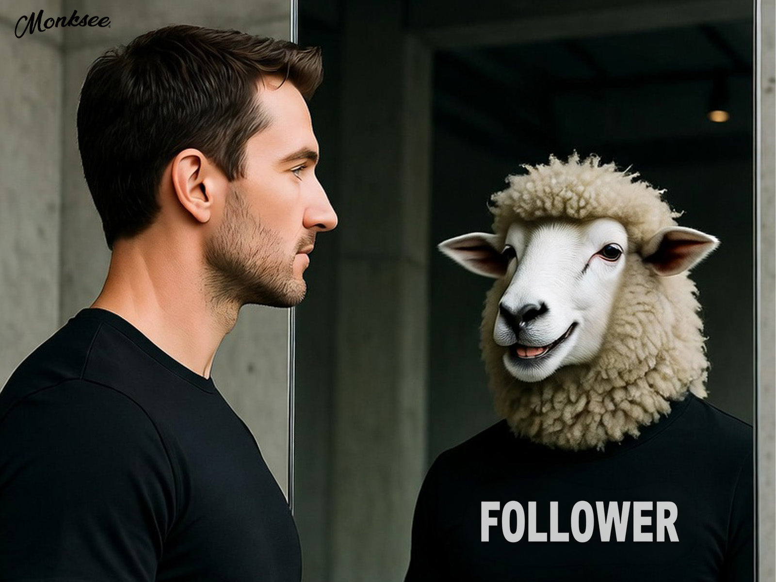 Man stands in front of a mirror and sees a sheep in the reflection. The sheep is wearing a t-shirt that says 'Follower'
