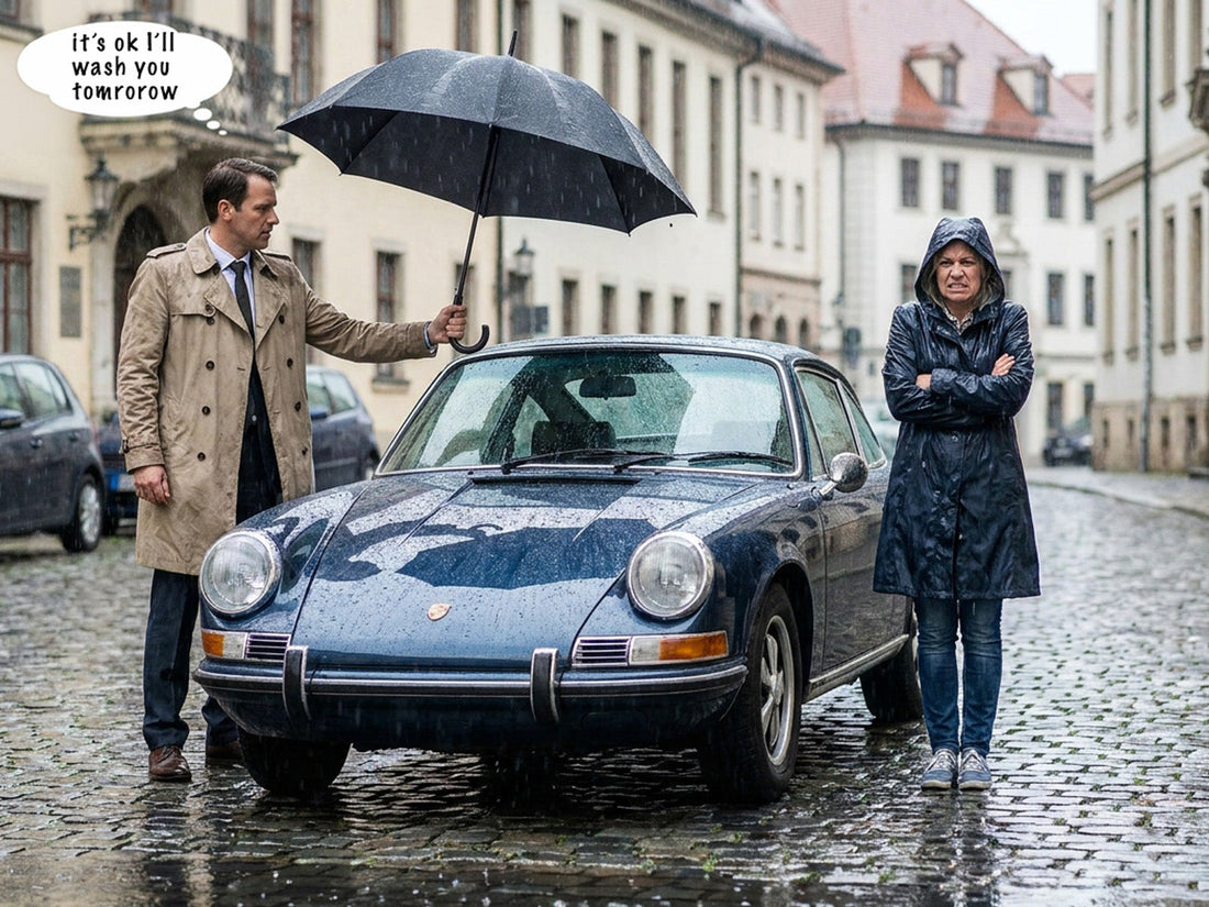 A man stands next to his 911 Porsche in the rain holding an umbrella over the car while his wife gets soaked