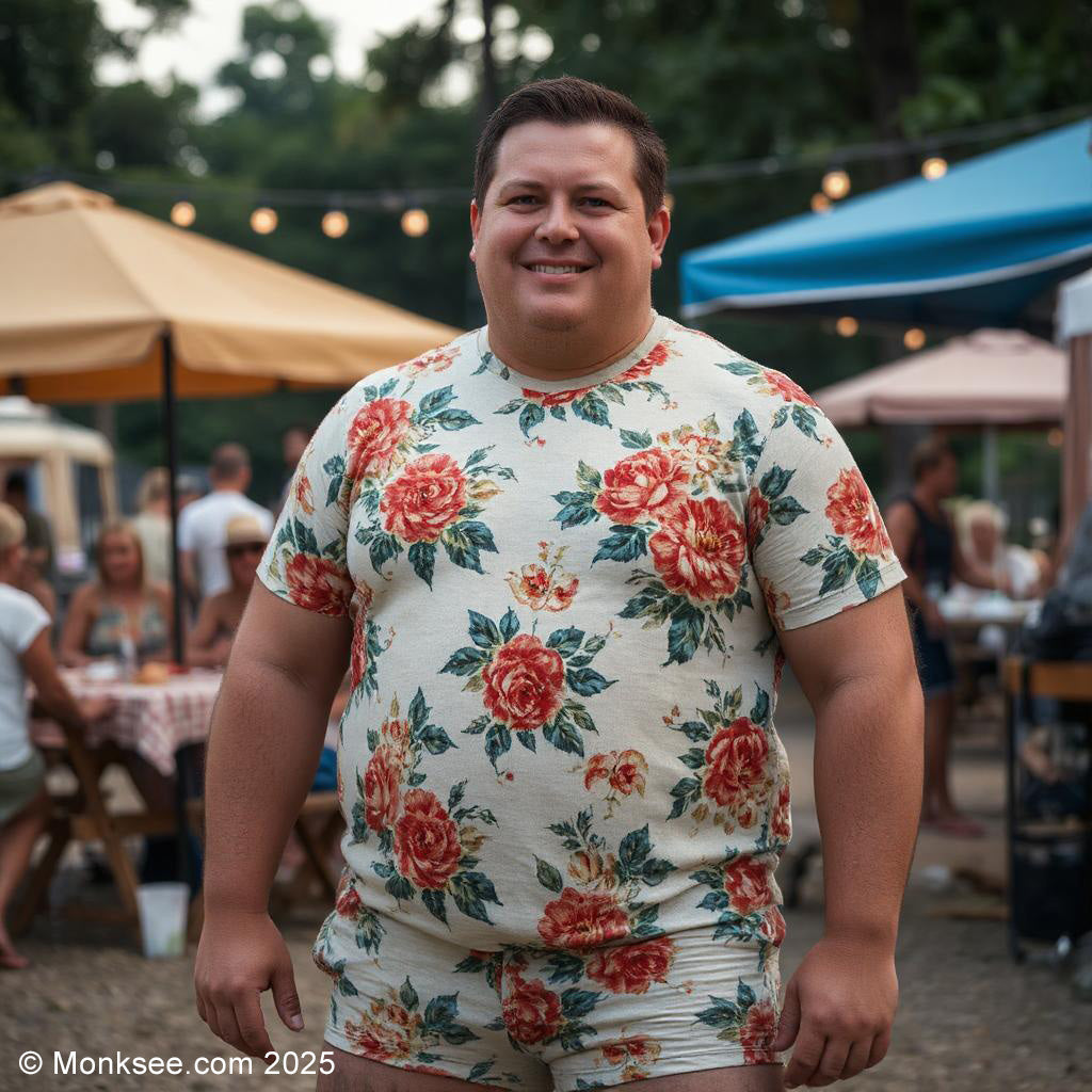 Chubby man wearing shorts and t-shirt made out of his grandma's curtains