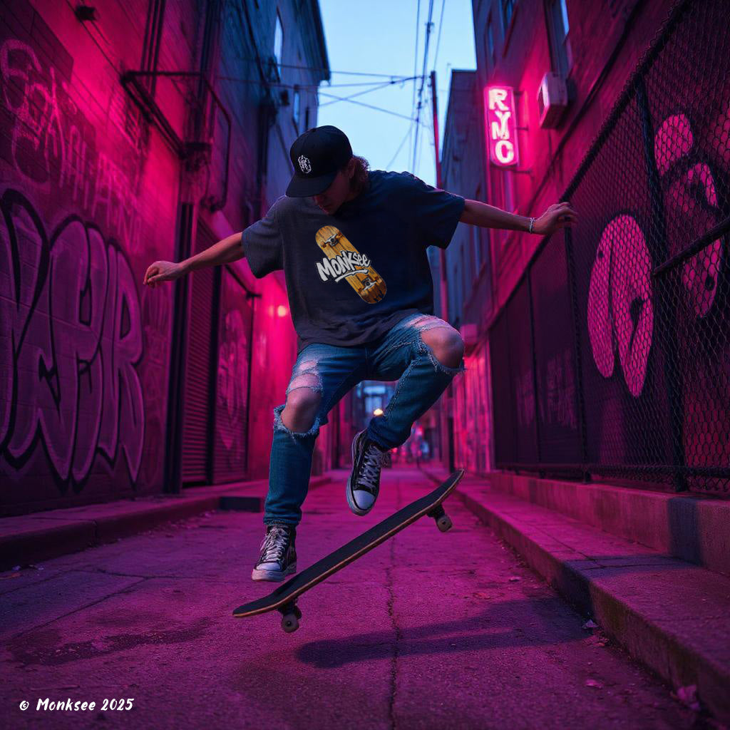 Skateboarder doing an ollie in a neon lit alley wearing a Monksee tshirt