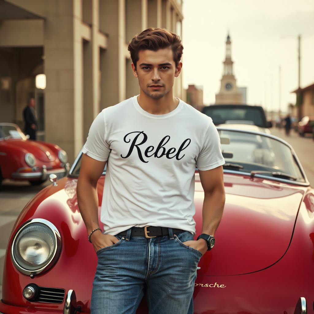 James dean looking guy wearing a white t-shirt that says 'Rebel' while he leans on a red porsche 550 spyder