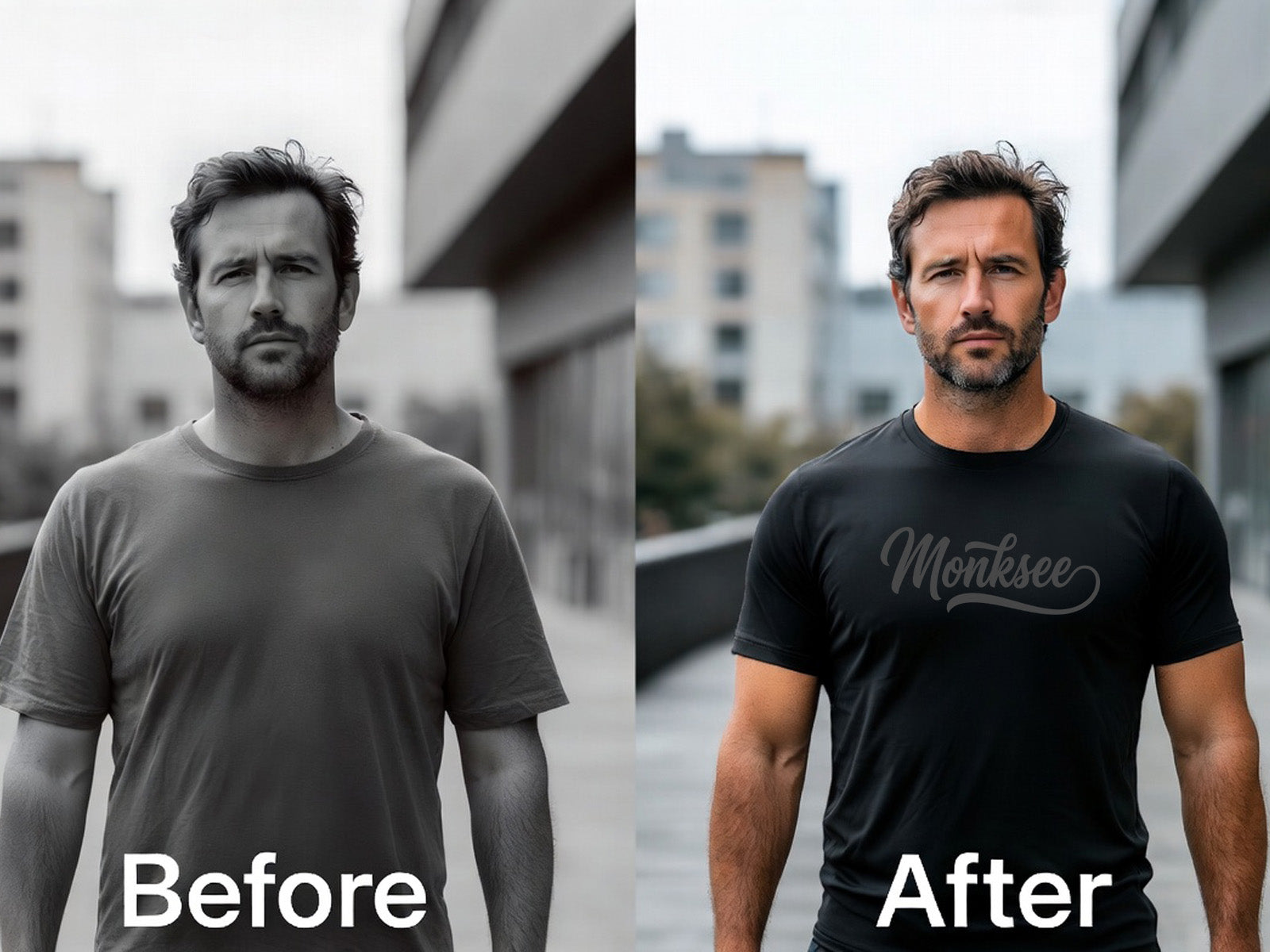 Before and After photo showing how to build a T-Shirt Body. Man goes from average in a gray t-shirt to strong and confident in a Monksee black t-shirt.