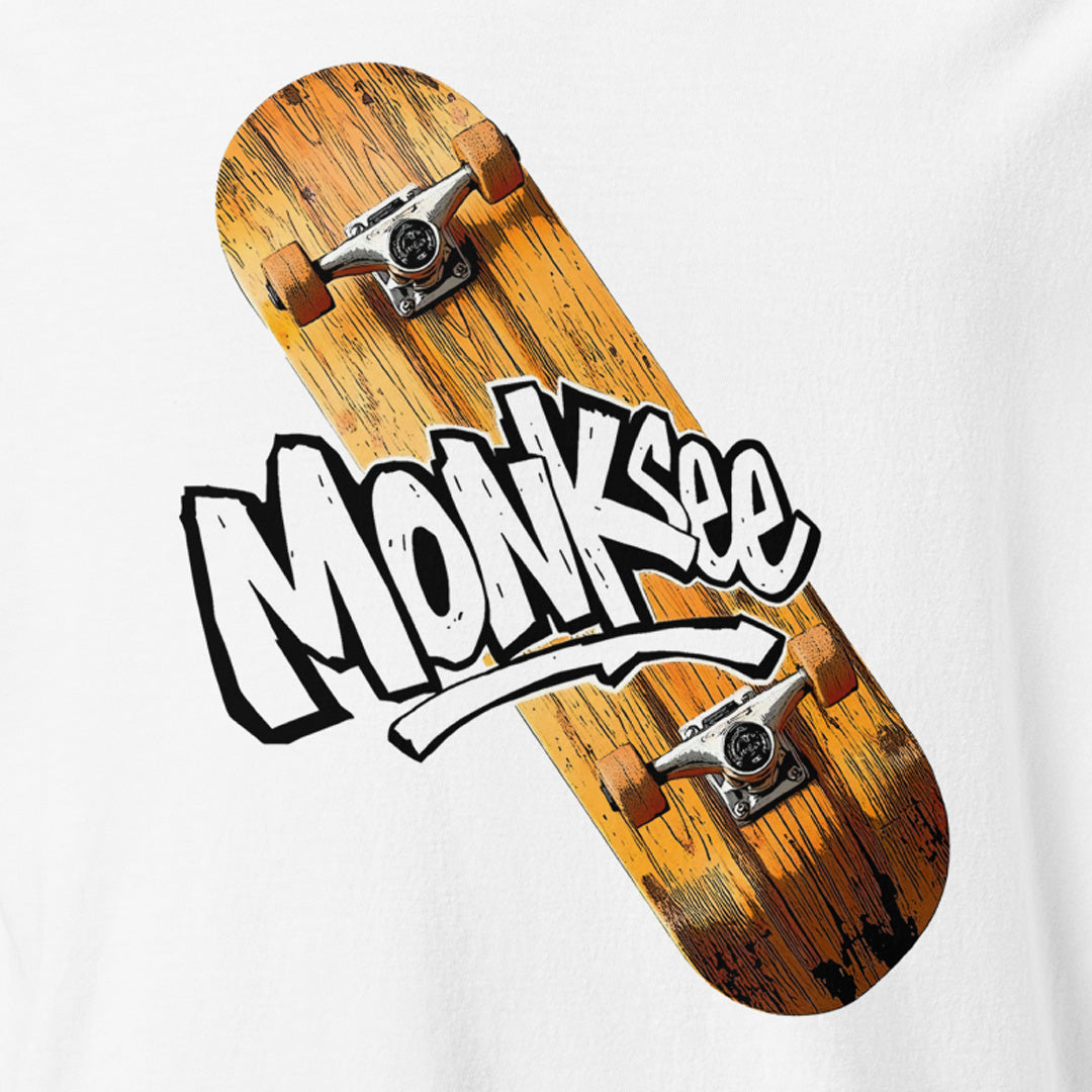 Monksee skateboard graphic on white tee