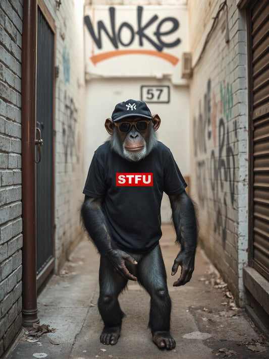 Monkey standing in an alley wearing a STFU t-shirt below a woke sign