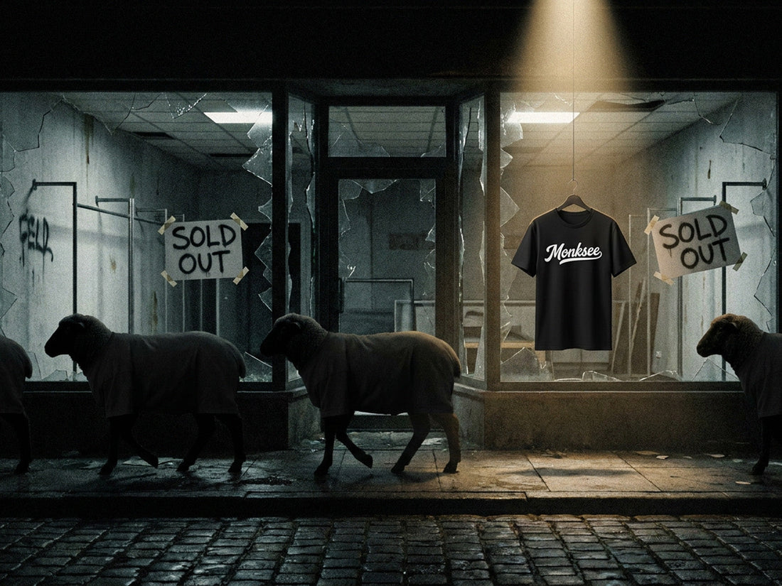 Sheep walking passed a trashed and abandoned streetwear store with a solo Monksee tee handing in the window