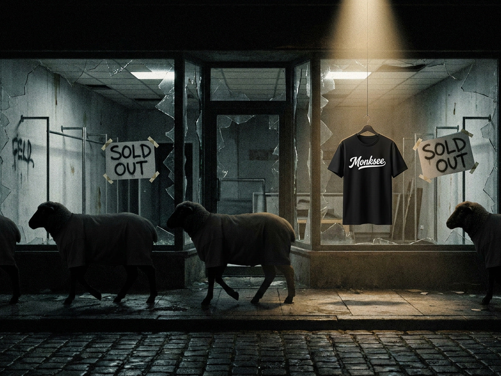 Sheep walking passed a trashed and abandoned streetwear store with a solo Monksee tee handing in the window