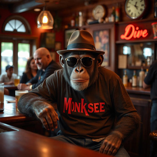 Chimpanzee sitting in a dive bar wearing a hat, sunglasses and a Monksee t-shirt