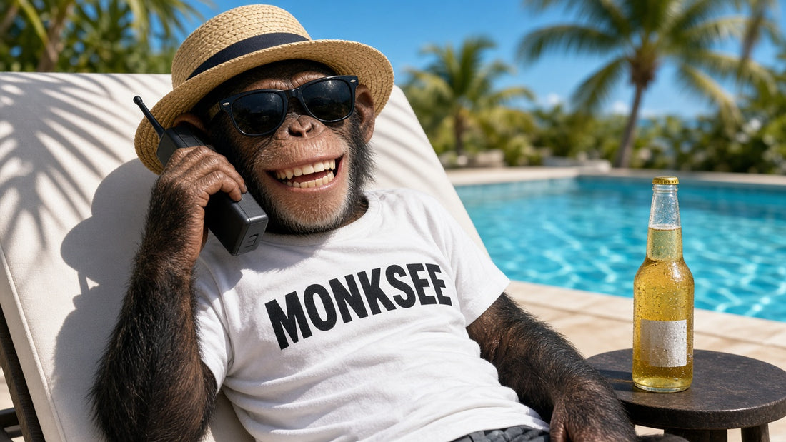 Chimp in a white MONKSEE tee and sunglasses relaxing poolside on an old brick phone
