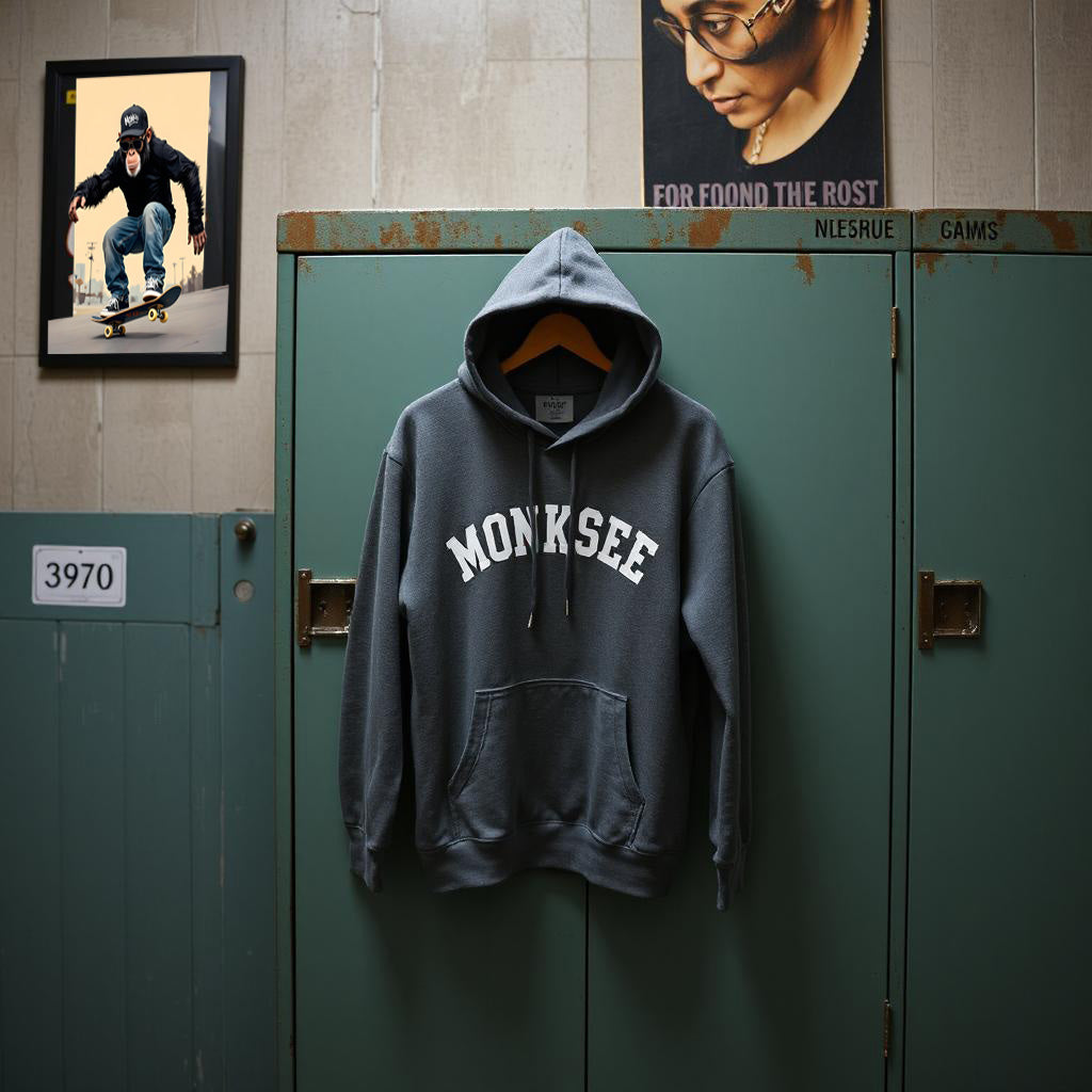 Monksee hoodie hanging on a locker door in an old lockeroom