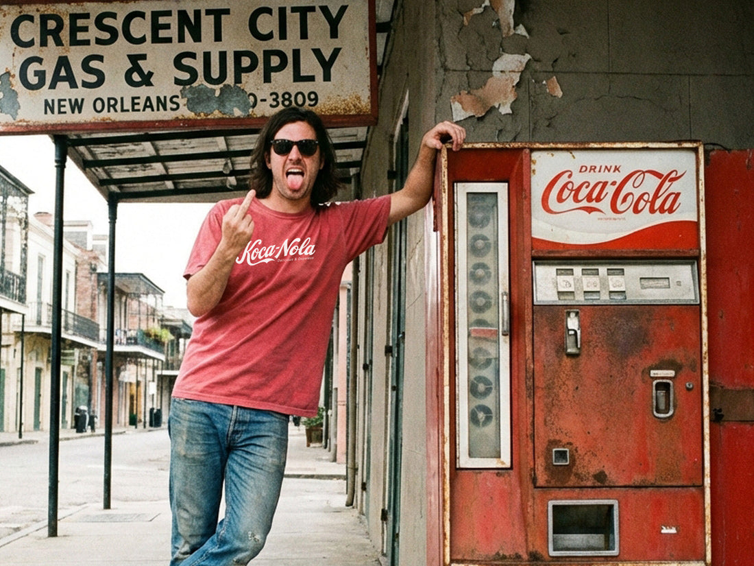 Guy leaning against an old coca cola machine wearing a Koca Nola t-shirt giving the finger