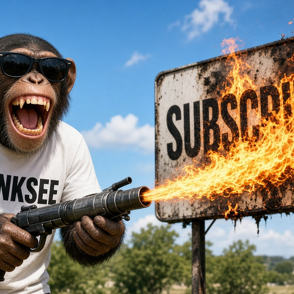 Chimp in a white MONKSEE tee and sunglasses torching a Subscription sign with a flamethrower