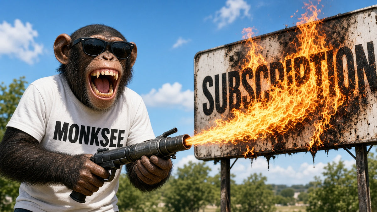 Chimp in a white MONKSEE tee and sunglasses torching a Subscription sign with a flamethrower