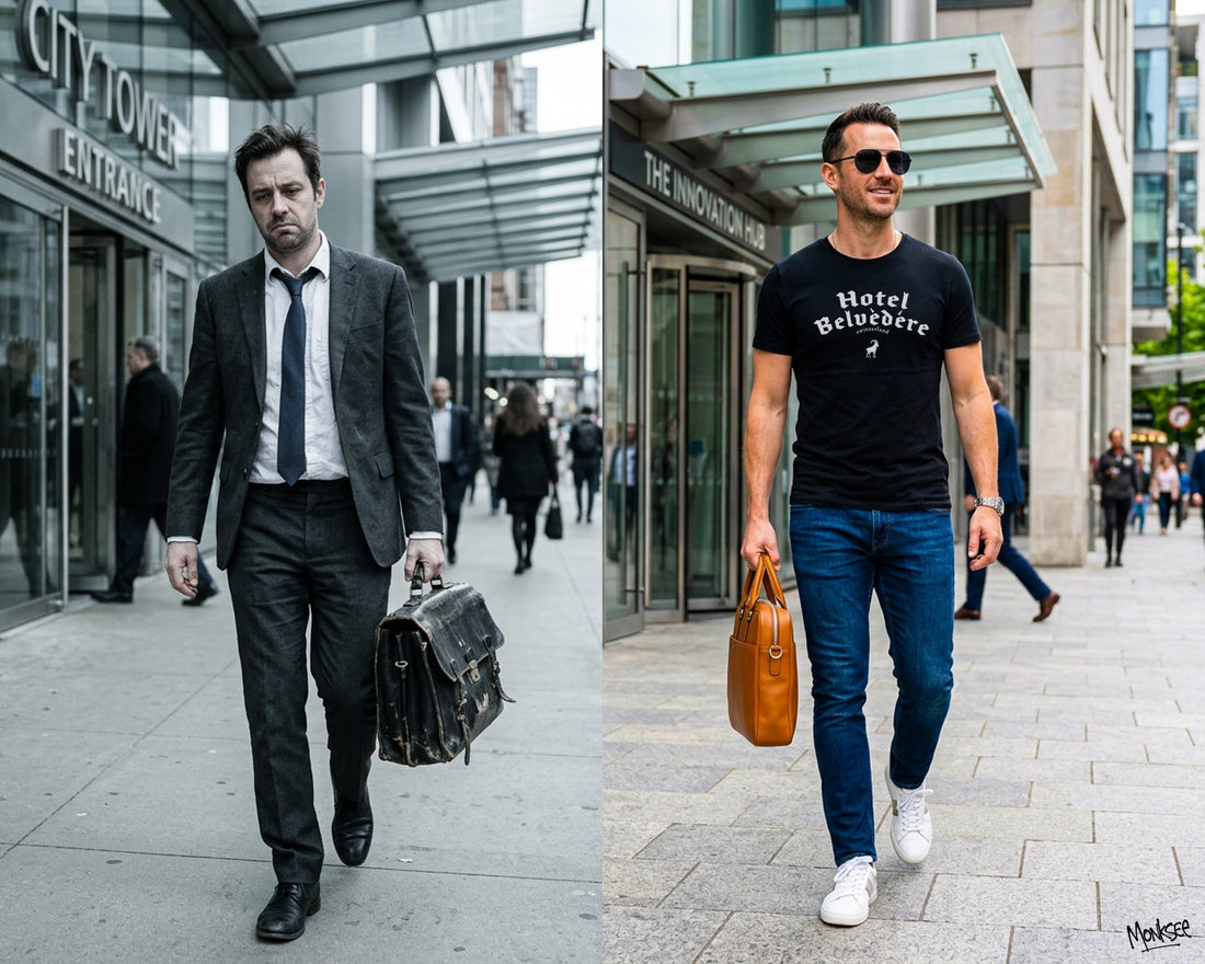 ide-by-side comparison of a confident modern entrepreneur in jeans and a t-shirt versus a stressed traditional businessman in a suit and briefcase, illustrating the evolution of entrepreneurial style and mindset