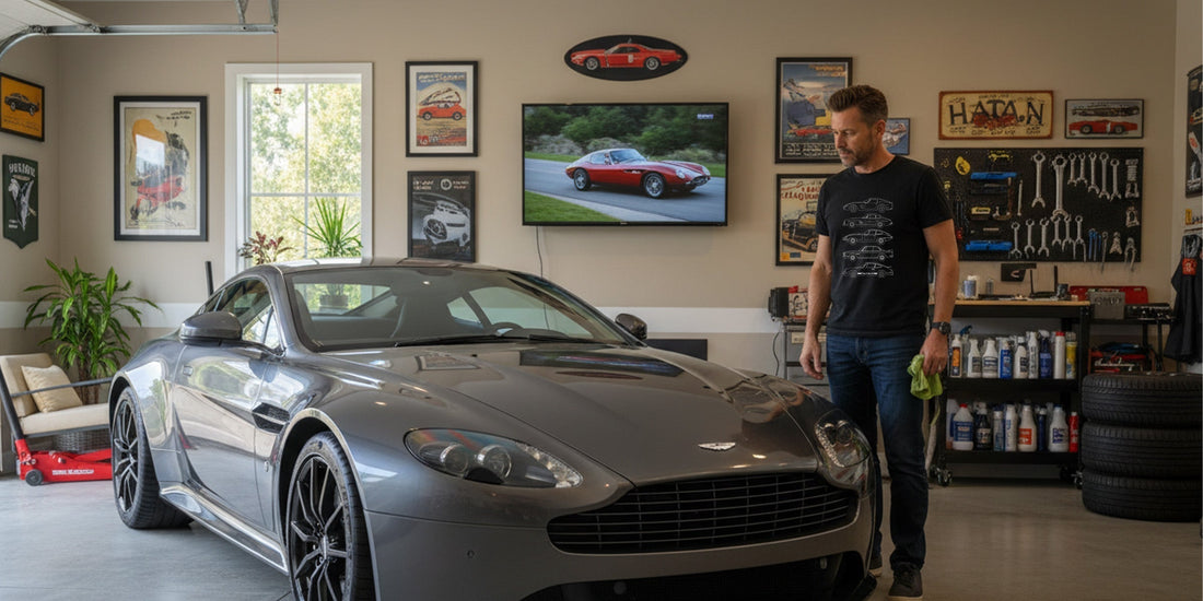 Car enthusiast standing in a garage beside a Aston Martin Vantage, surrounded by tools and a clean, intentional workspace.