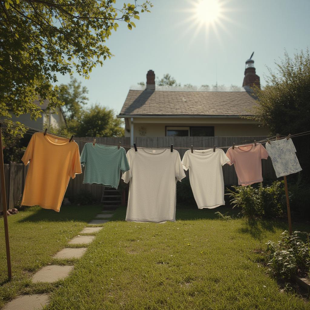 Clothes line with t-shirts drying on it on a sunny day