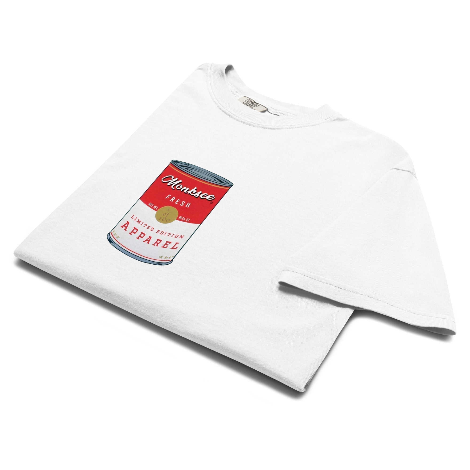 monksee soupy graphic tea design featuring Warhol type campbell's soup can design folded on white background