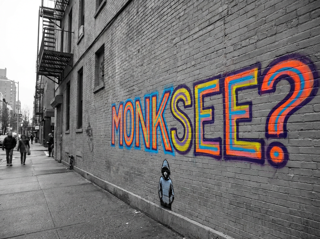 Drab city wall with colorful spray painting that says 'Why Monksee'